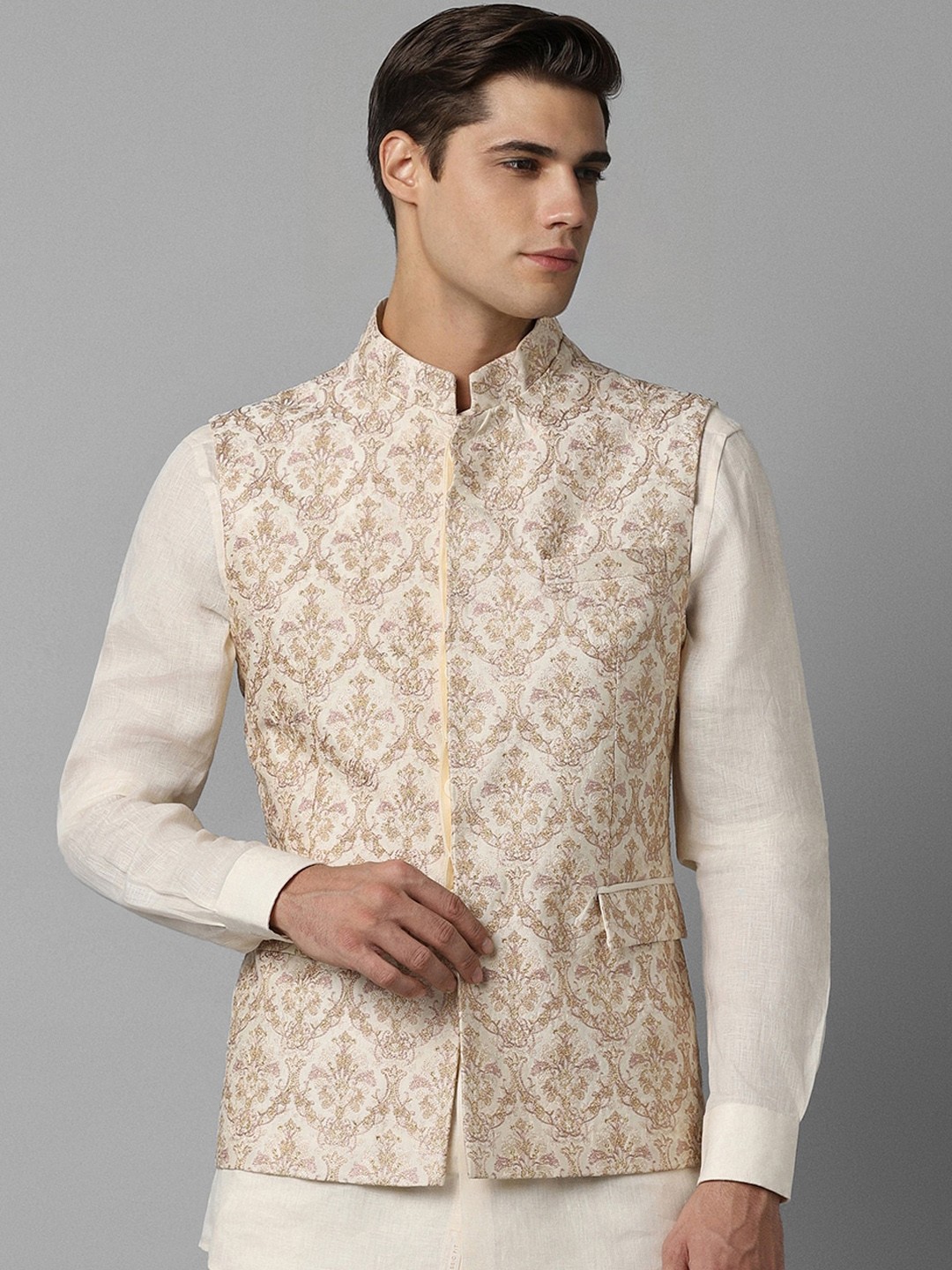 

Louis Philippe Embroidered Slim-Fit Nehru Jacket & Shirt, Cream
