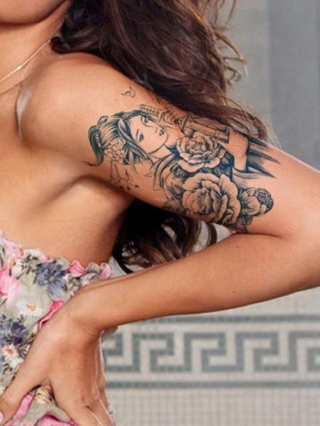 LICK Plant Base Semi Temporary Floral Warrior Lady Matte Finish Body Tattoo - Navy Blue