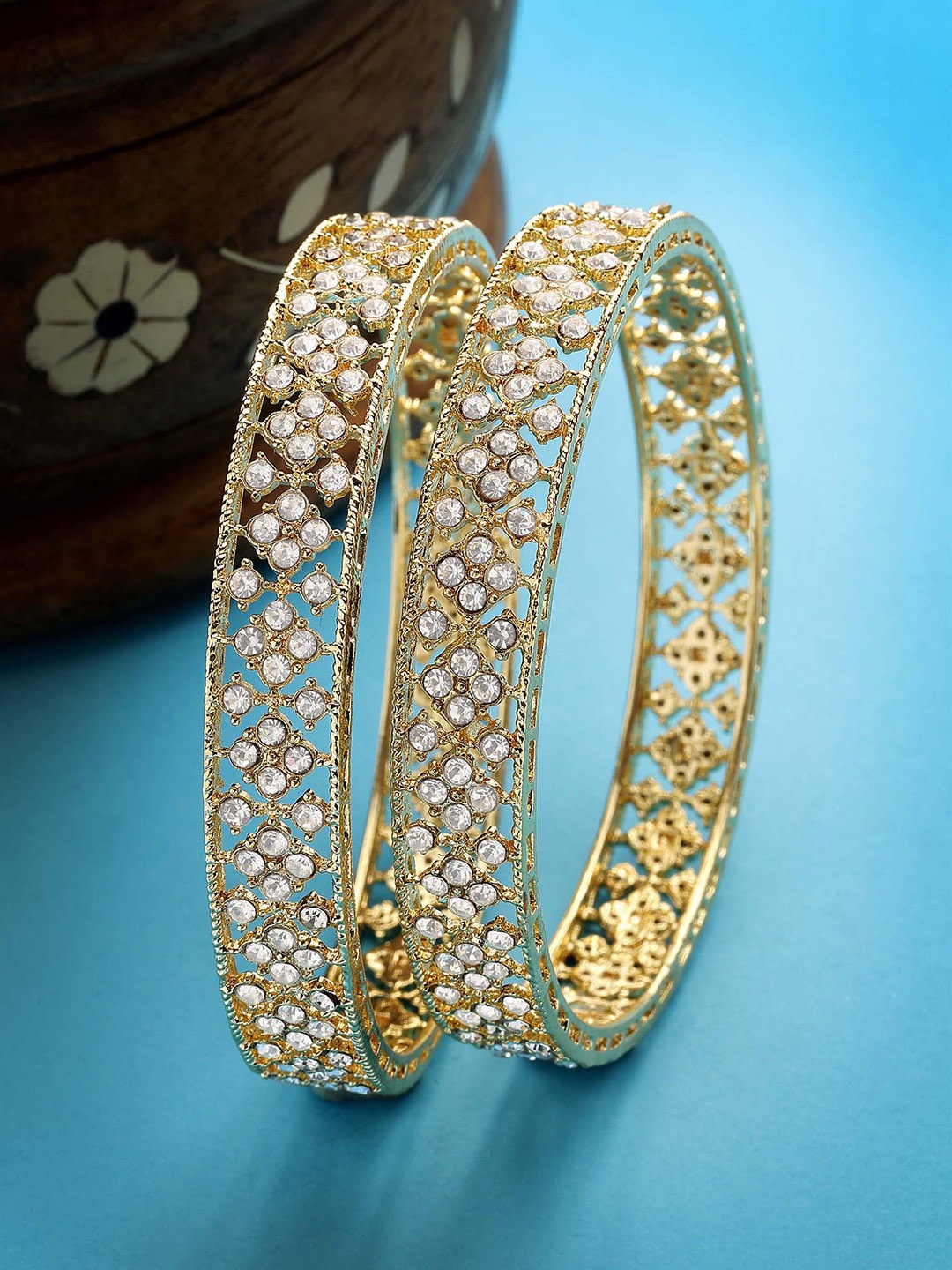 

KARATCART Set of 2 Gold Plated American Diamond Studded Bangles