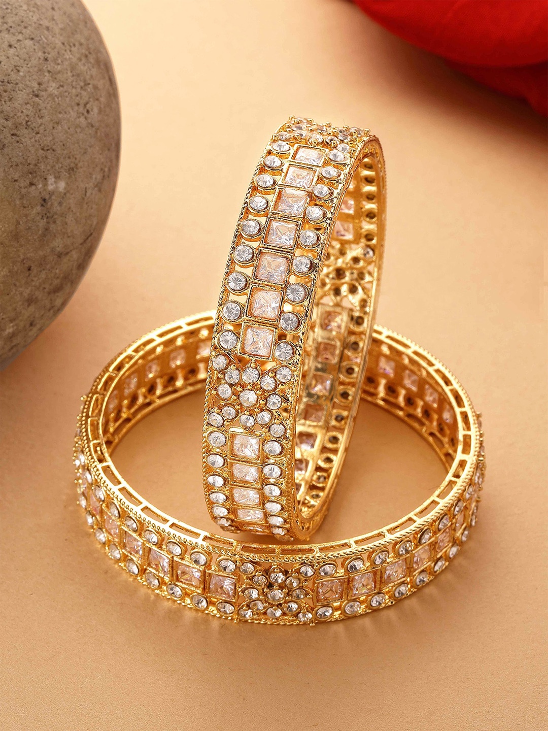 

KARATCART Set Of 2 Gold-Plated American Diamond Studded Bangles