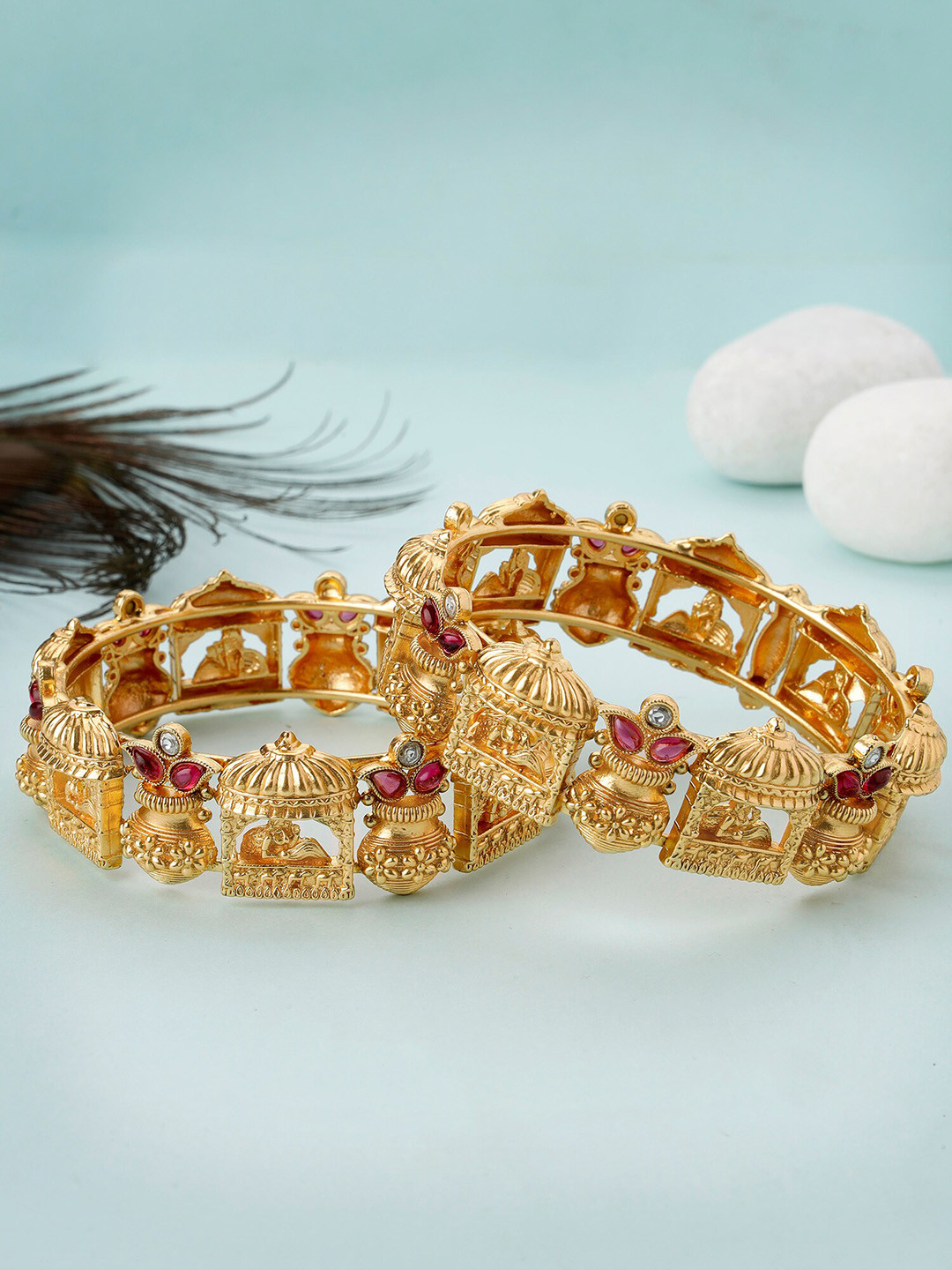 

KARATCART Set Of 2 Gold-Plated Kundan Studded Bride Doli And Kalash Design Bangles