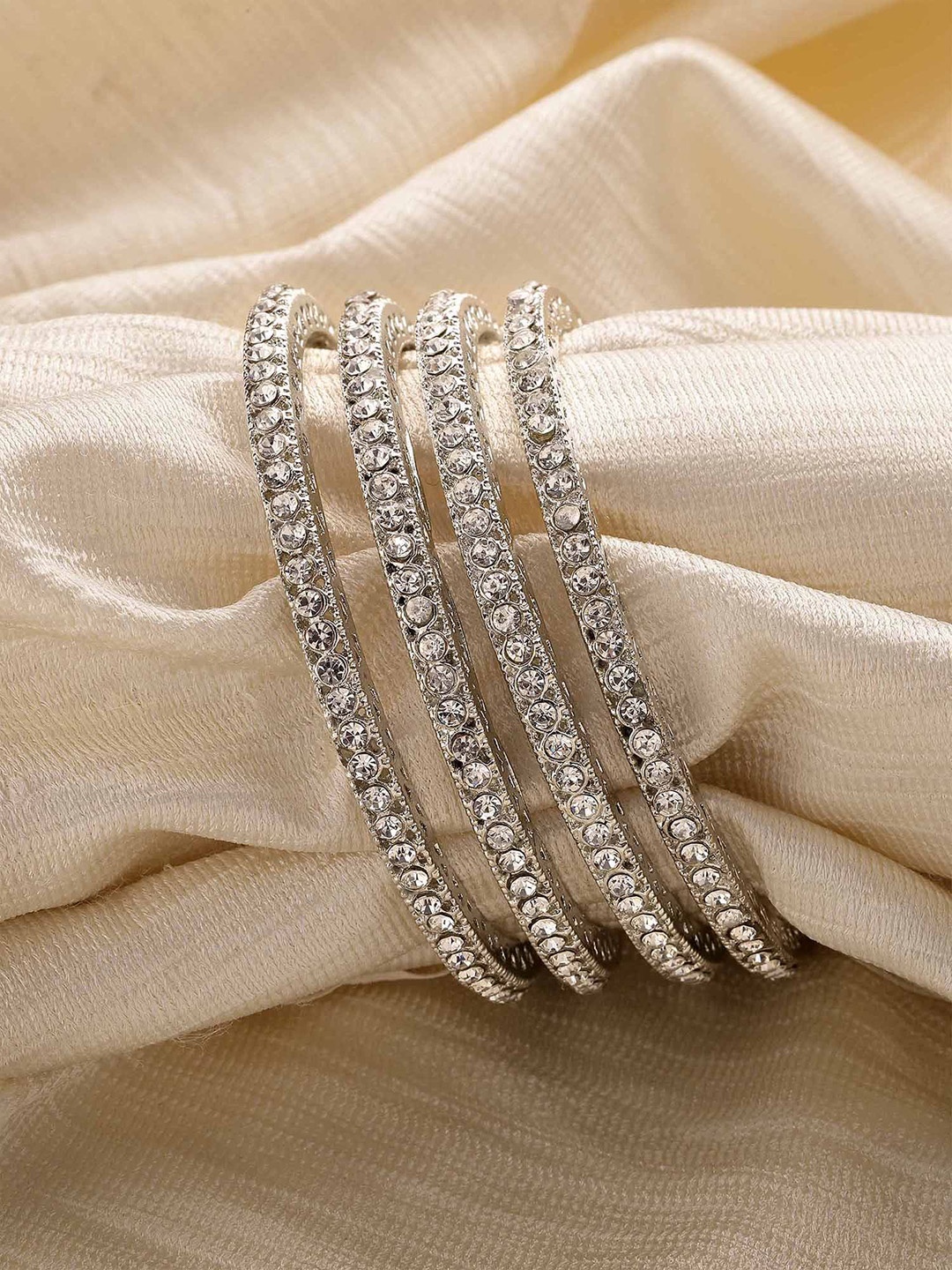 

KARATCART Set of 4 Silver-Plated American Diamond Studded Bangles