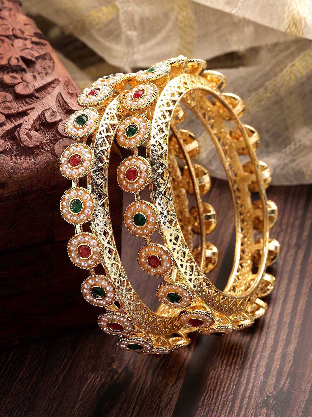

KARATCART Set Of 2 Gold-Plated Stone Studded Bangles