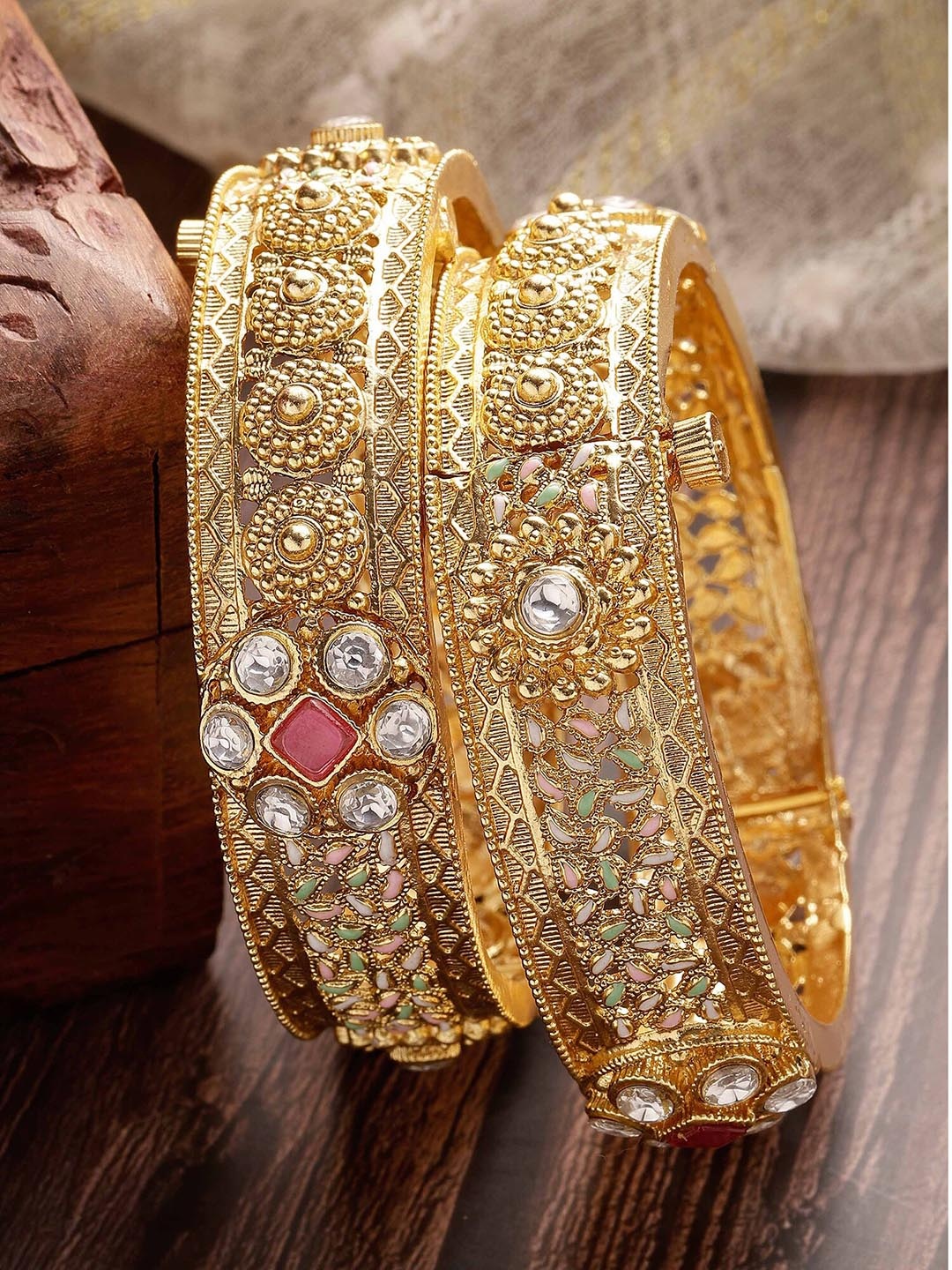 

KARATCART Set Of 2 Gold-Plated American Diamond Studded Bangles