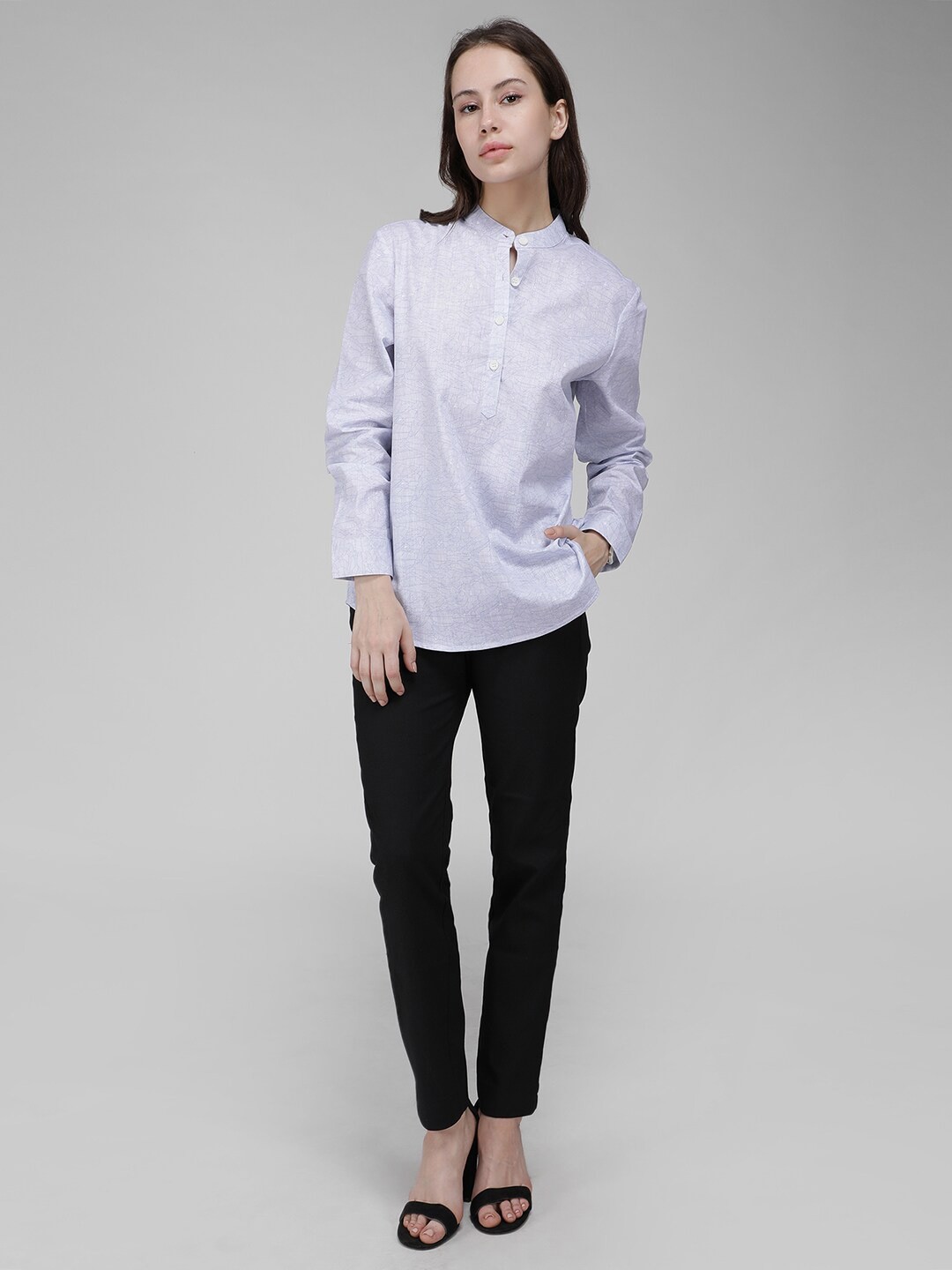 

IDK Band Collar Long Sleeves Cotton Shirt Style Top, White