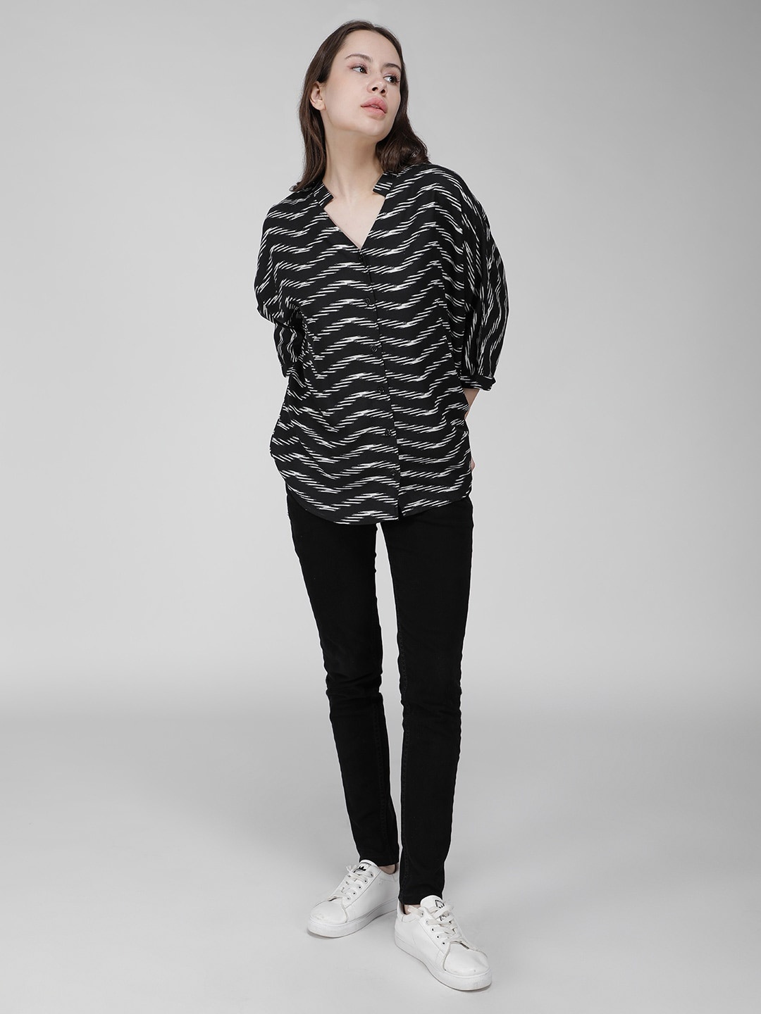 IDK Striped Three-Quarter Sleeves Mandarin Collar Top, Black