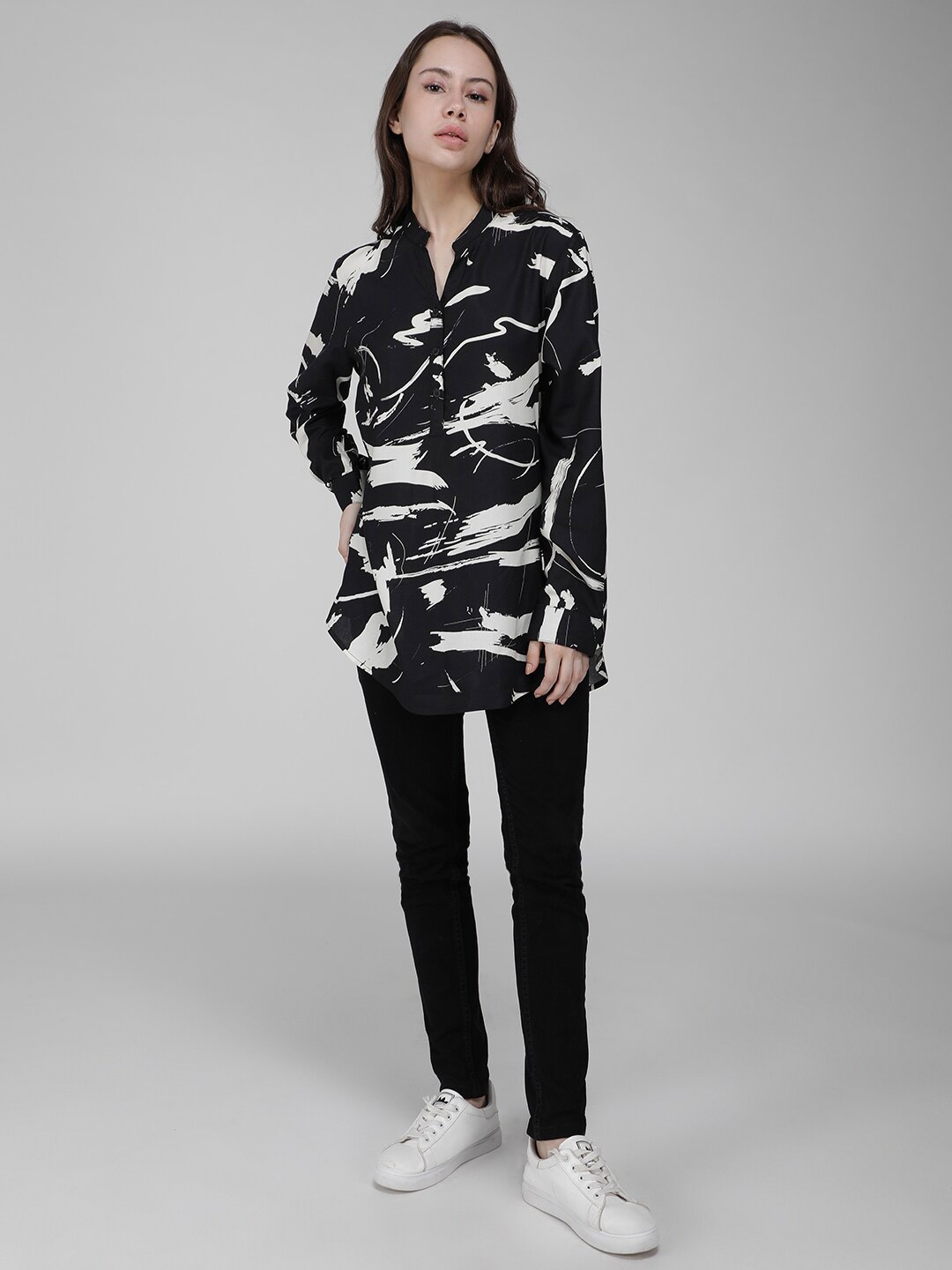 

IDK Abstract Print Mandarin Collar Cuffed Sleeves Shirt Style Longline Top, Black