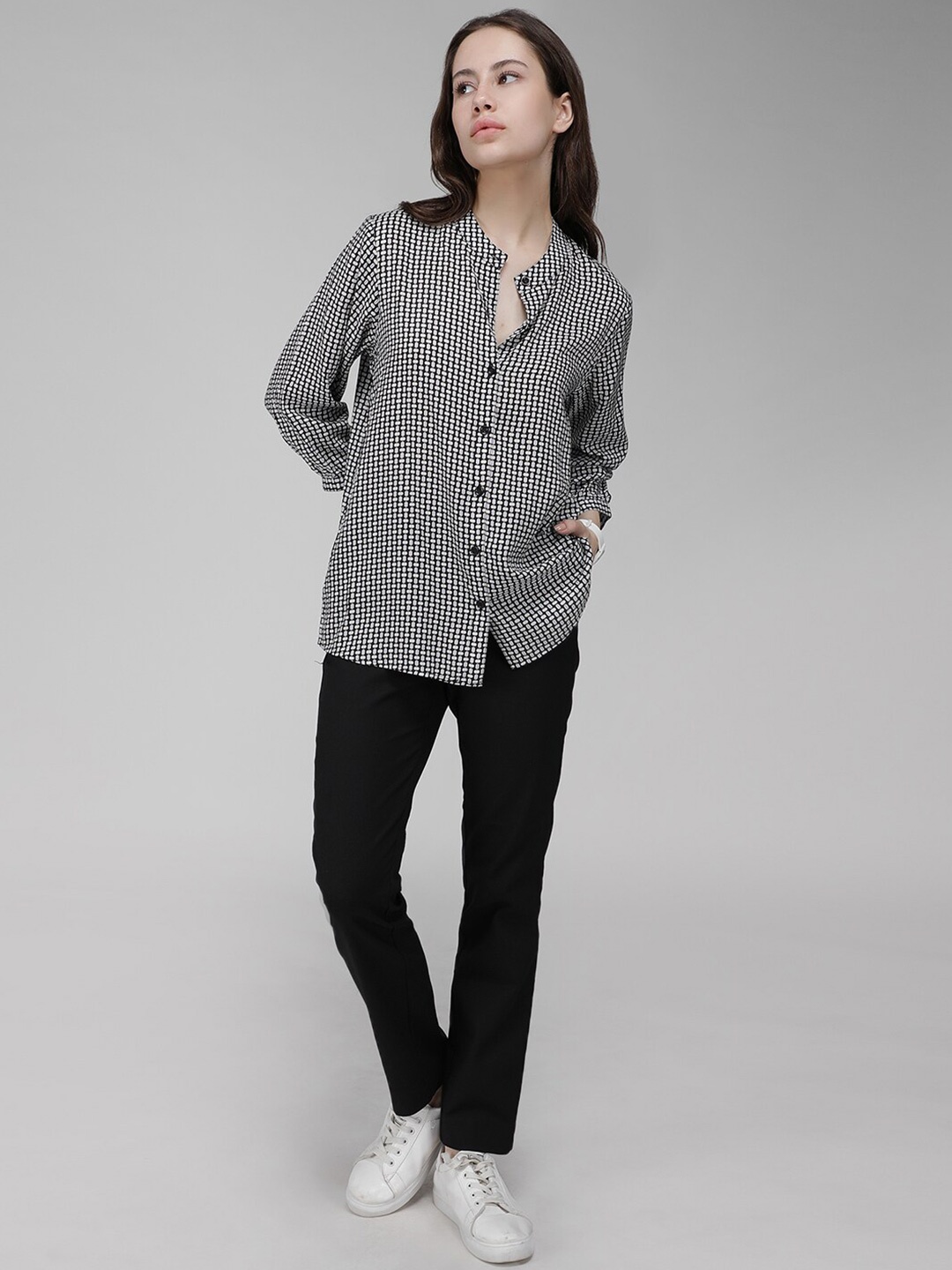 

IDK Abstract Print Mandarin Collar Shirt Style Longline Top, Black