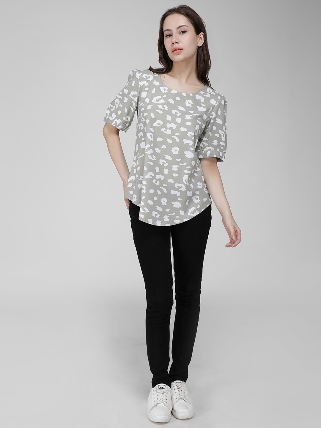 

IDK Abstract Print Scoop Neck Puff Sleeves Top, Green