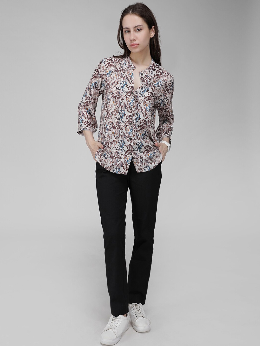 

IDK Floral Printed Cuffed Sleeves Mandarin Collar Shirt Style Top, Brown