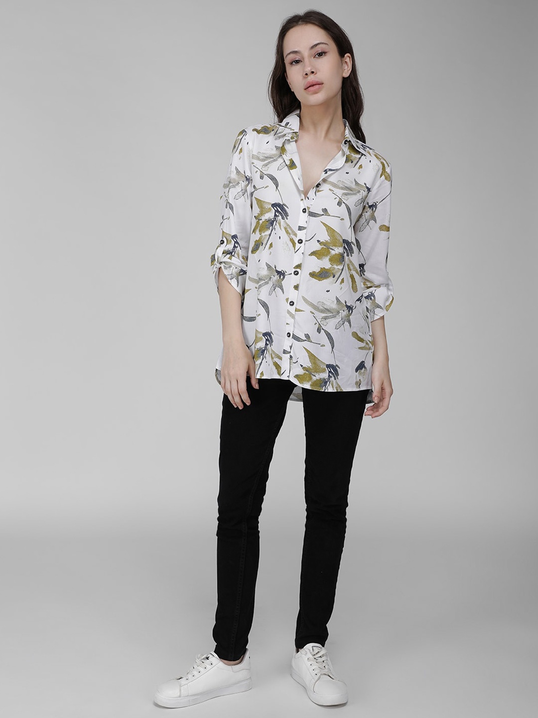IDK Floral Printed Shirt Style Top, White