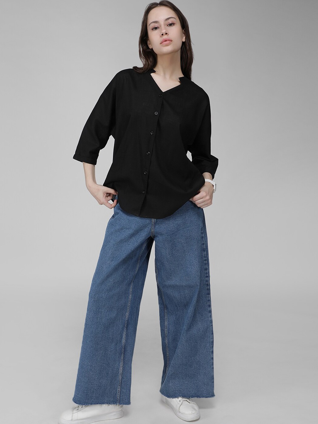 

IDK Mandarin Collar Opaque Shirt Style Top, Black