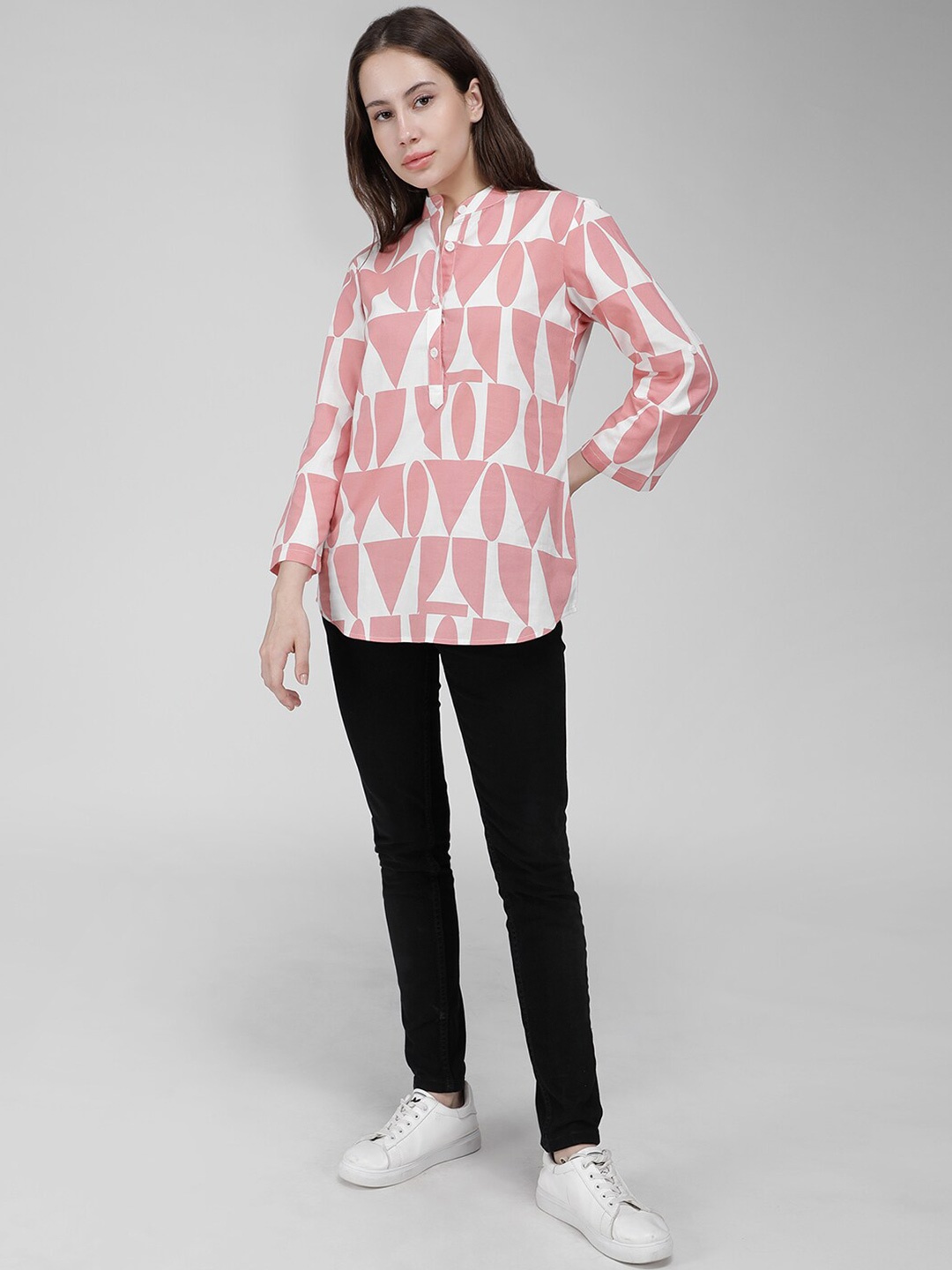

IDK Geometric Printed Mandarin Collar Shirt Style Top, Peach