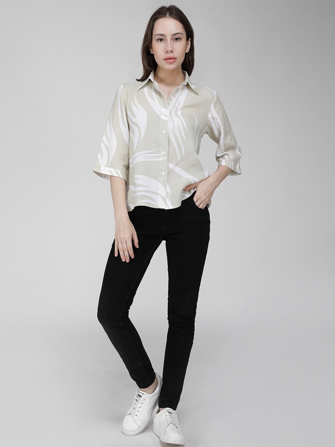 

IDK Abstract Printed Shirt Style Top, Beige