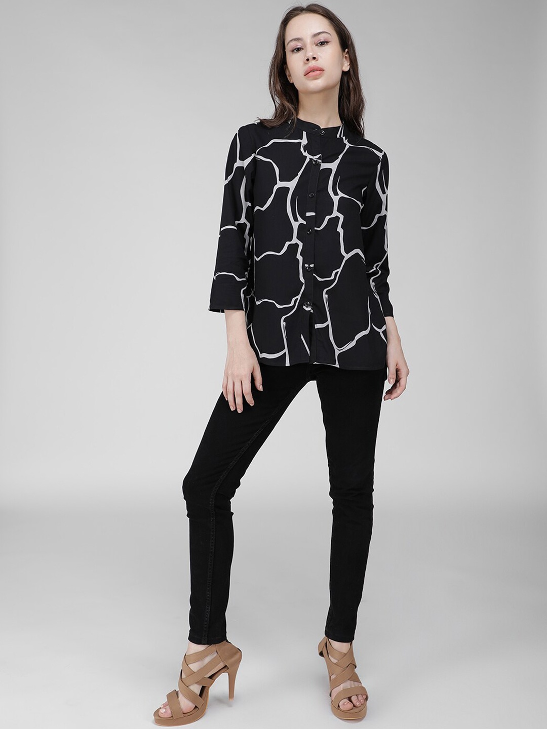 

IDK Abstract Printed Opaque Button Mandarin Collar Top, Black