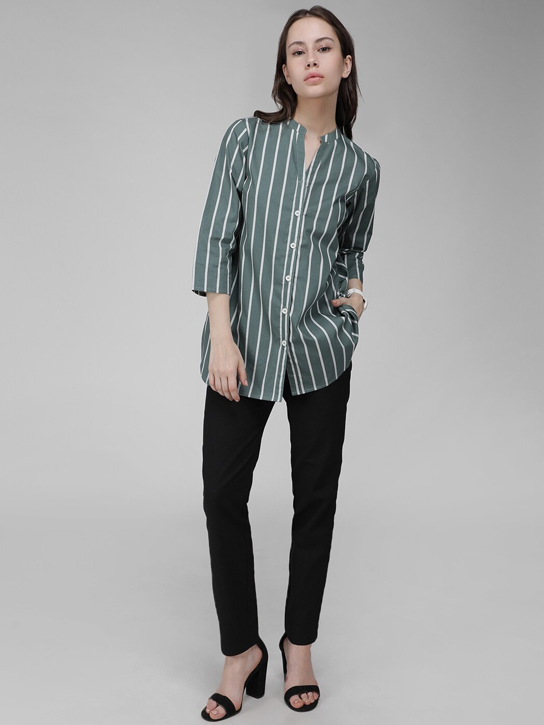 

IDK Striped Three-Quarter Sleeves Mandarin Collar Shirt Style Top, Green