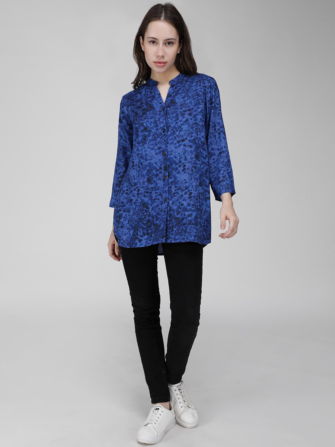 

IDK Floral Printed Shirt Collar Cuffed Sleeves Shirt Style Top, Blue