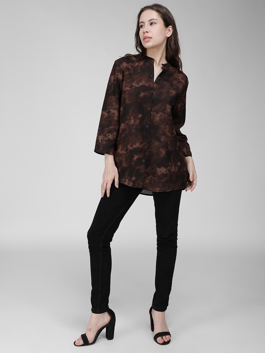

IDK Floral Printed Button Mandarin Collar Shirt Style Top, Black
