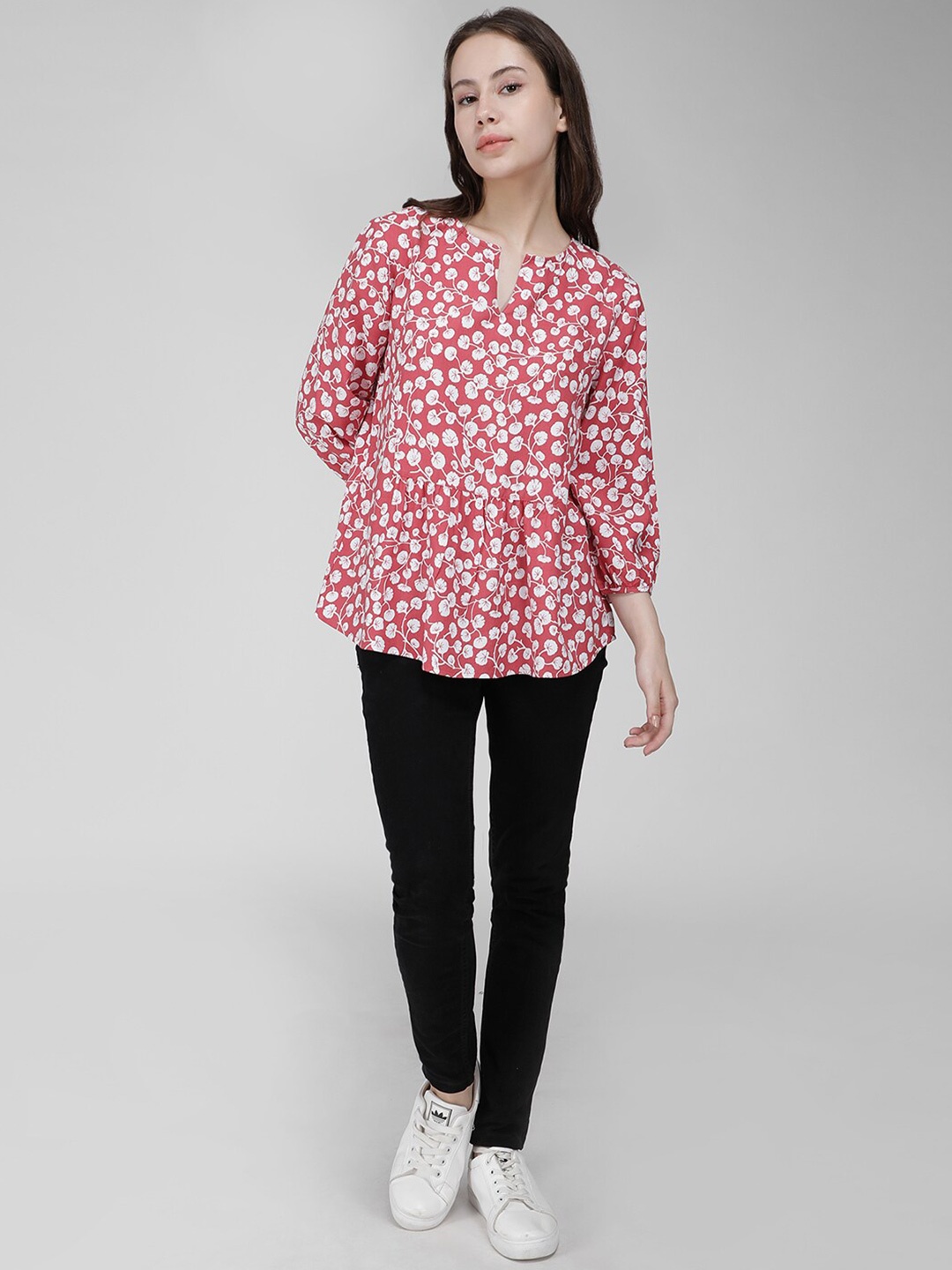 

IDK Floral Print Round Neck Three-Quarter Sleeves Peplum Top, Red
