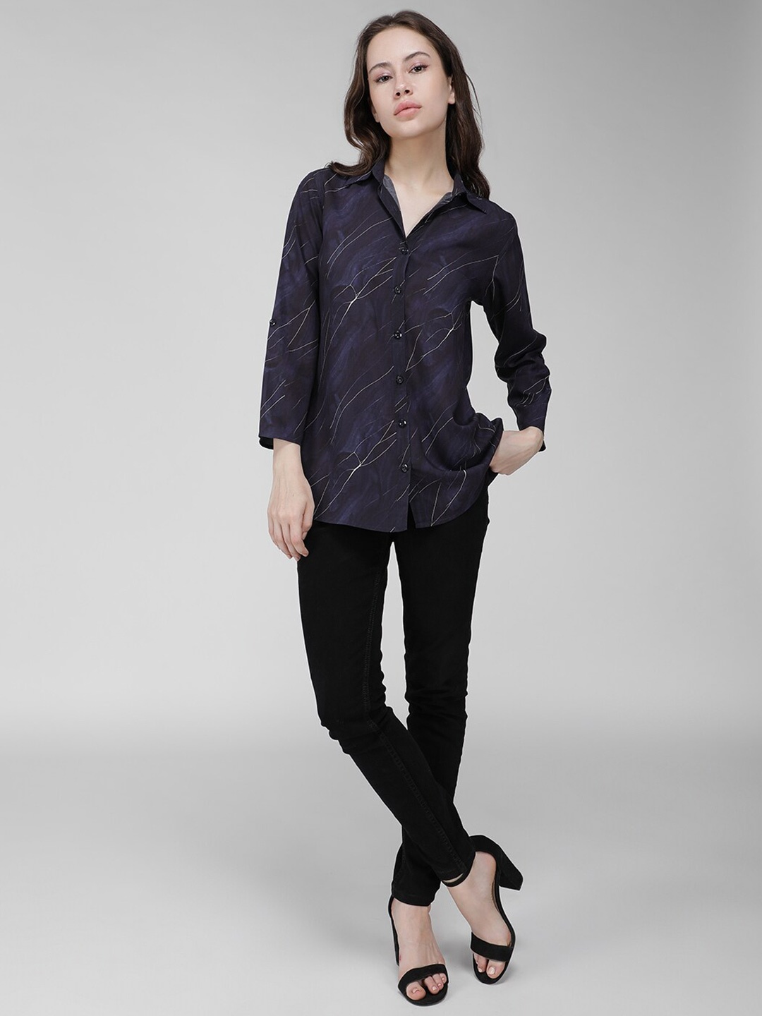 

IDK Abstract Print Shirt Collar Long Sleeves Shirt Style Top, Navy blue