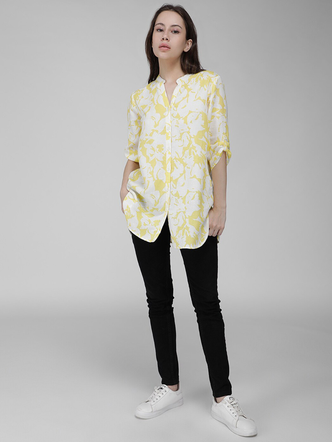 

IDK Floral Print Mandarin Collar Cuffed Sleeves Shirt Style Longline Top, Yellow
