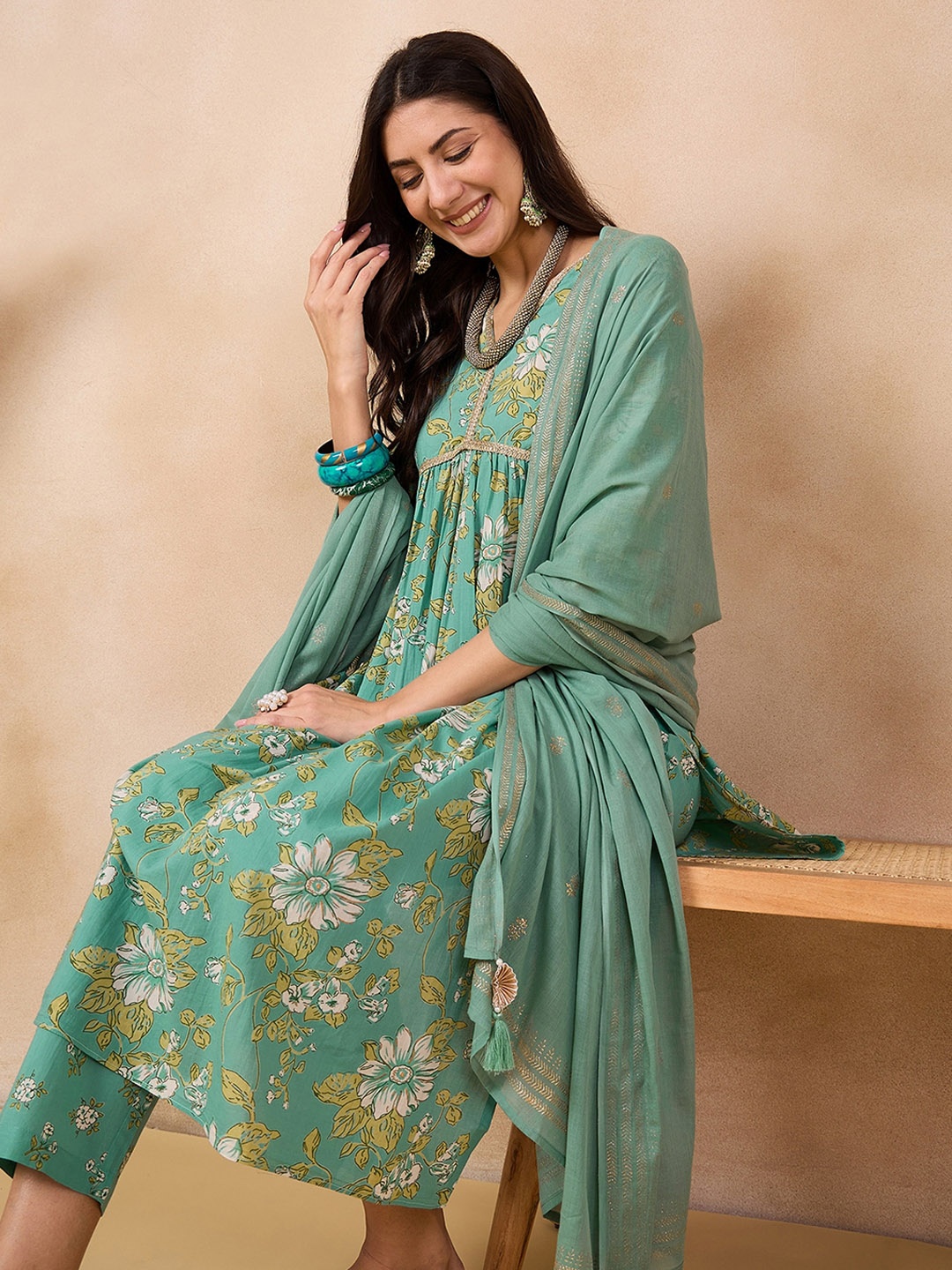 

Anouk Floral Printed Empire Gotta Patti Pure Cotton Anarkali Kurta With Trouser & Dupatta, Sea green