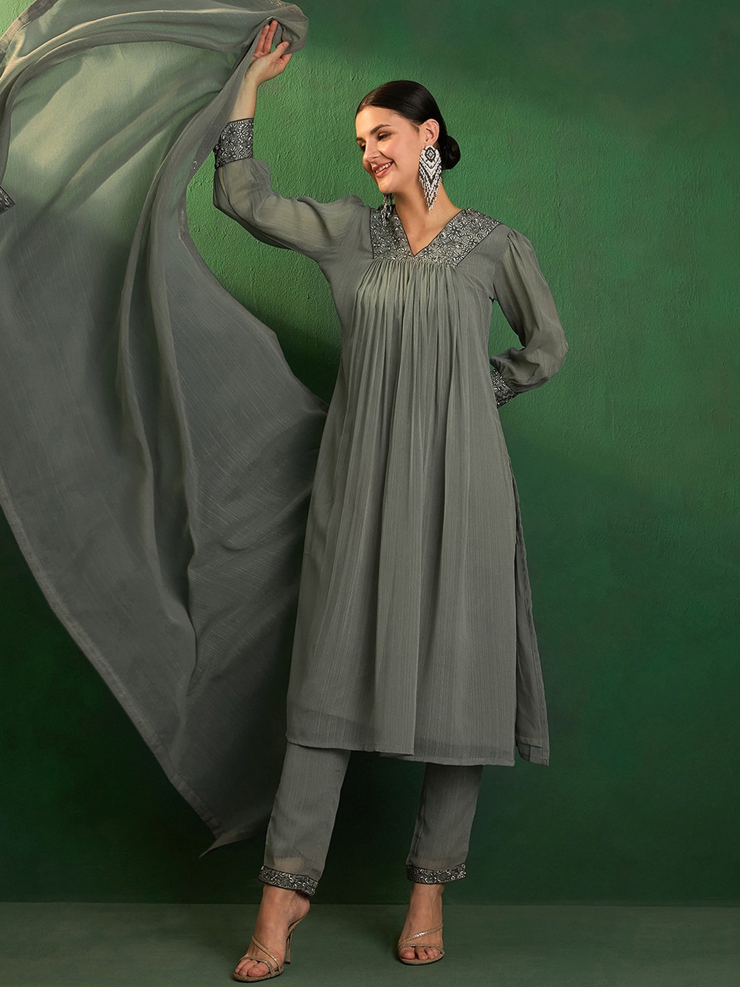 

Sangria Sequin Embroidered A Line Kurta With Trouser & Dupatta, Grey