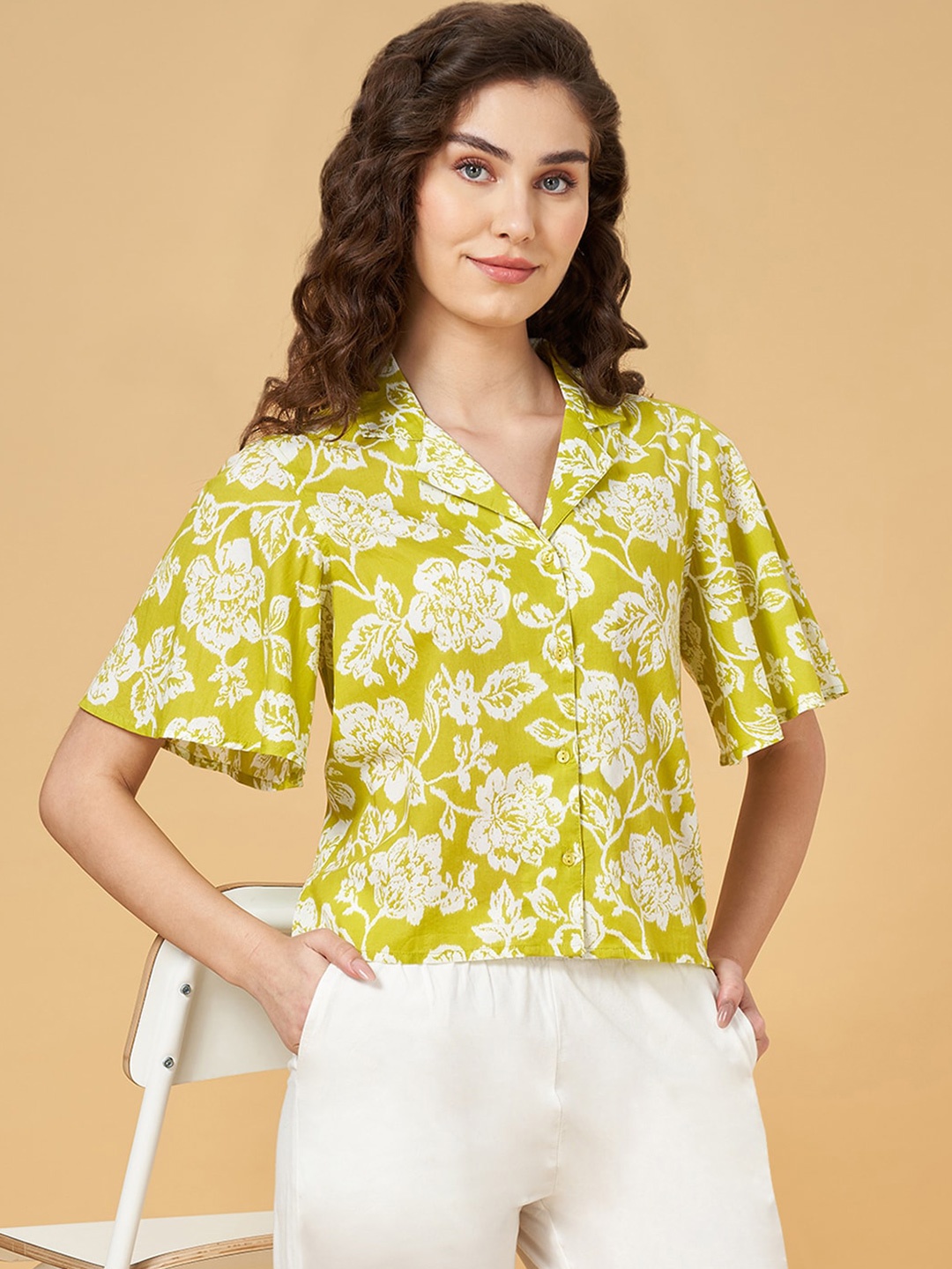 

Honey by Pantaloons Floral Printed Notched Lapel Collar Pure Cotton Casual Shirt, Green