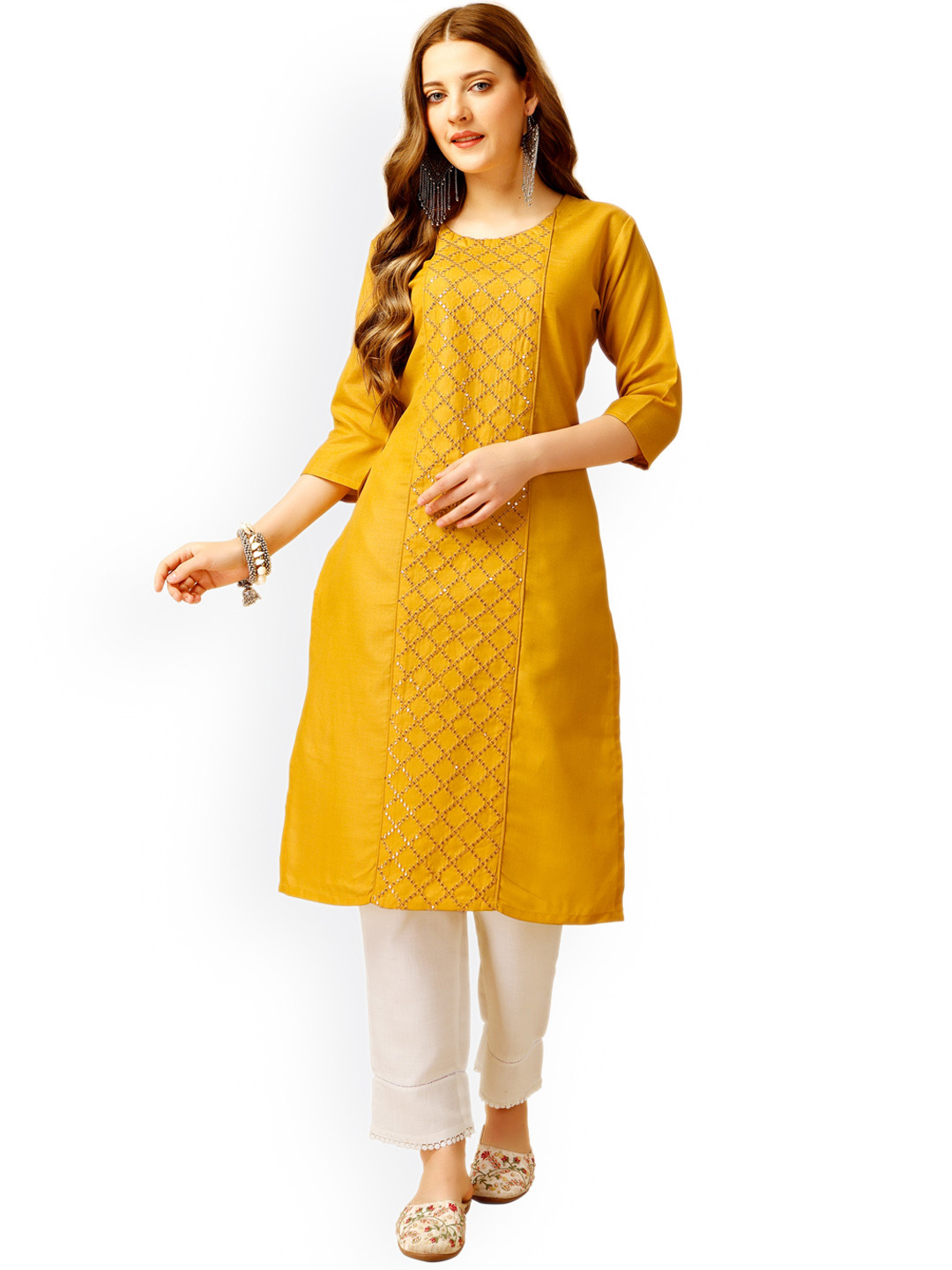 

WILNERCROWN Embroidered Regular Sequinned Pure Cotton Kurta with Trousers, Yellow