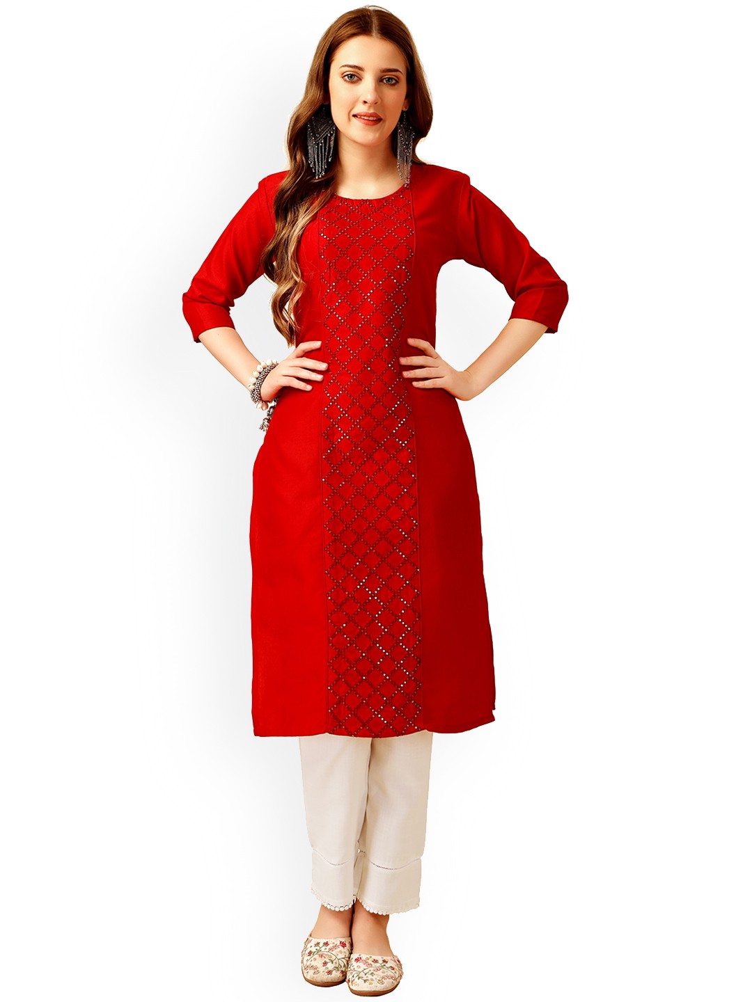 

WILNERCROWN Embroidered Regular Sequinned Pure Cotton Kurta with Trousers, Red