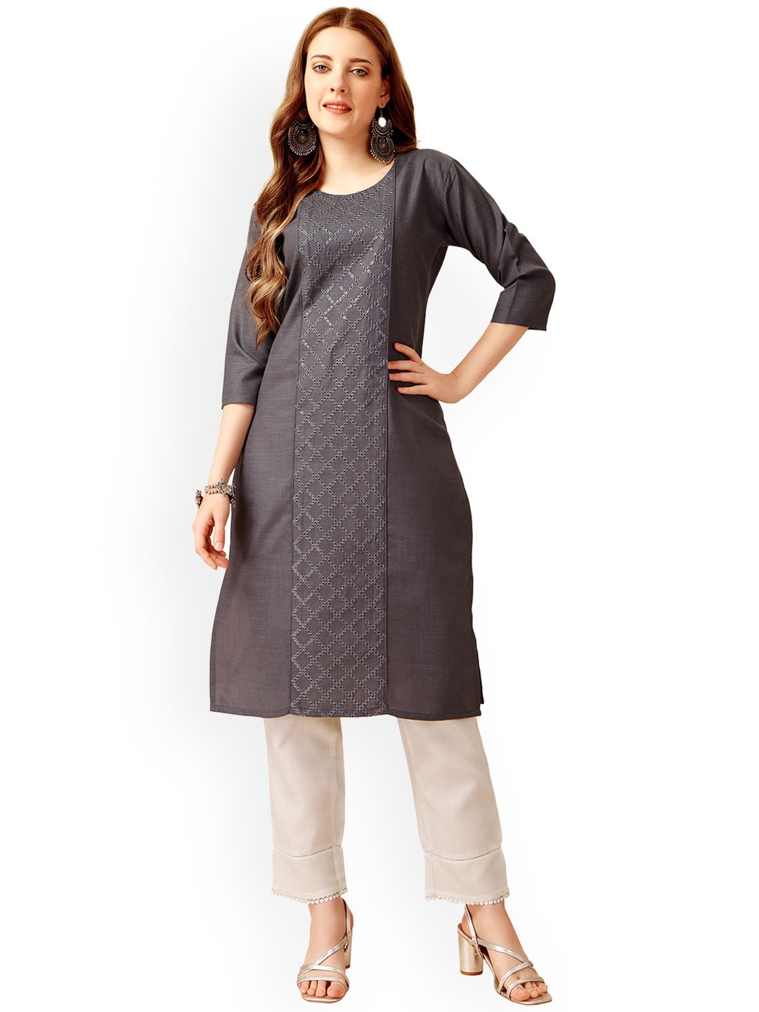 

WILNERCROWN Embroidered Regular Sequinned Pure Cotton Kurta with Trousers, Grey