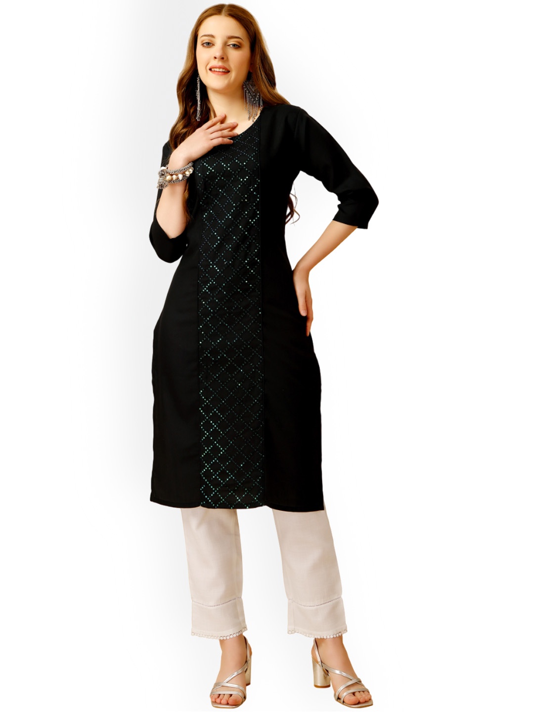 

WILNERCROWN Embroidered Regular Sequinned Pure Cotton Kurta with Trousers, Black