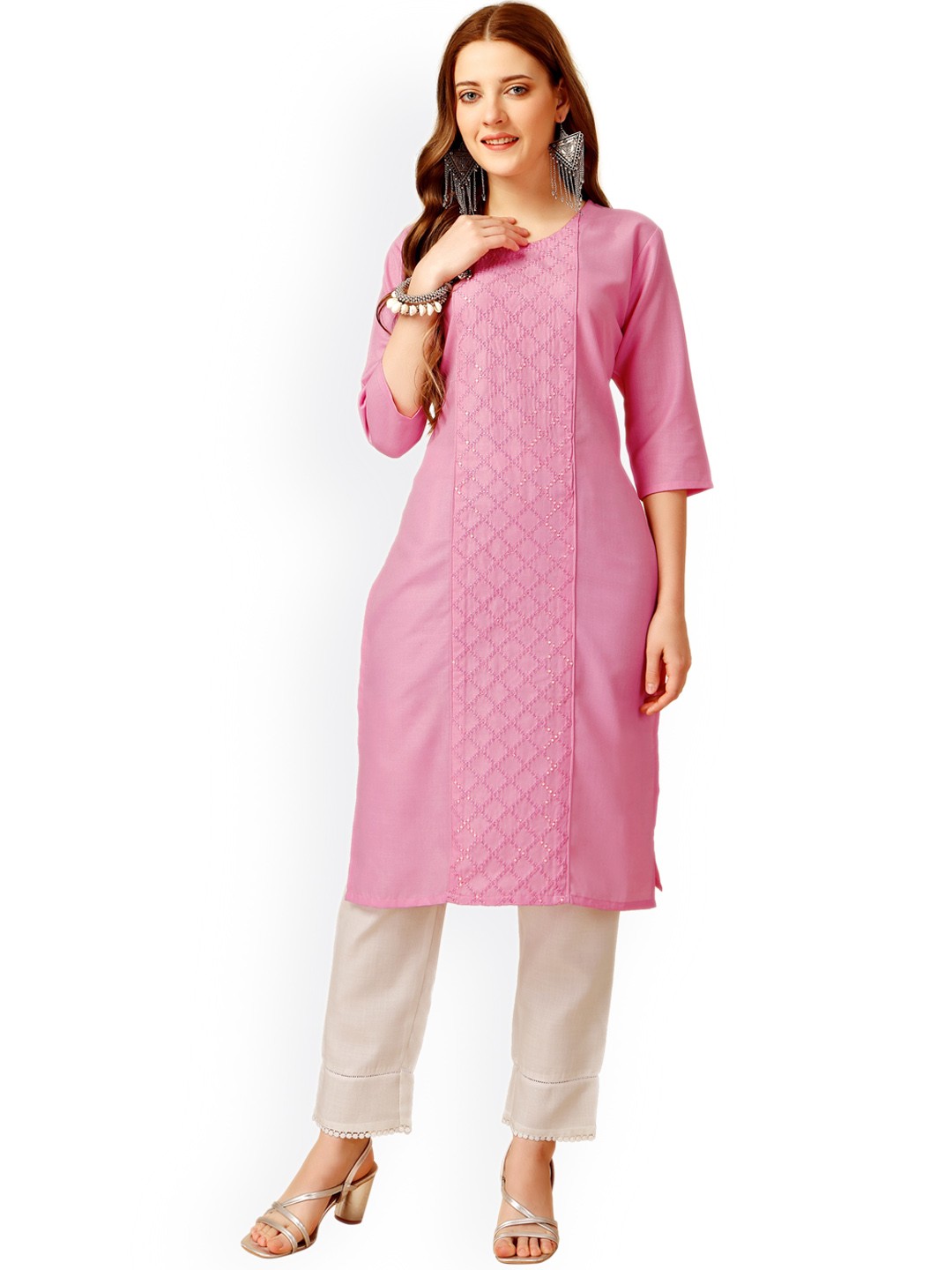 

WILNERCROWN Embroidered Regular Sequinned Pure Cotton Kurta with Trousers, Pink