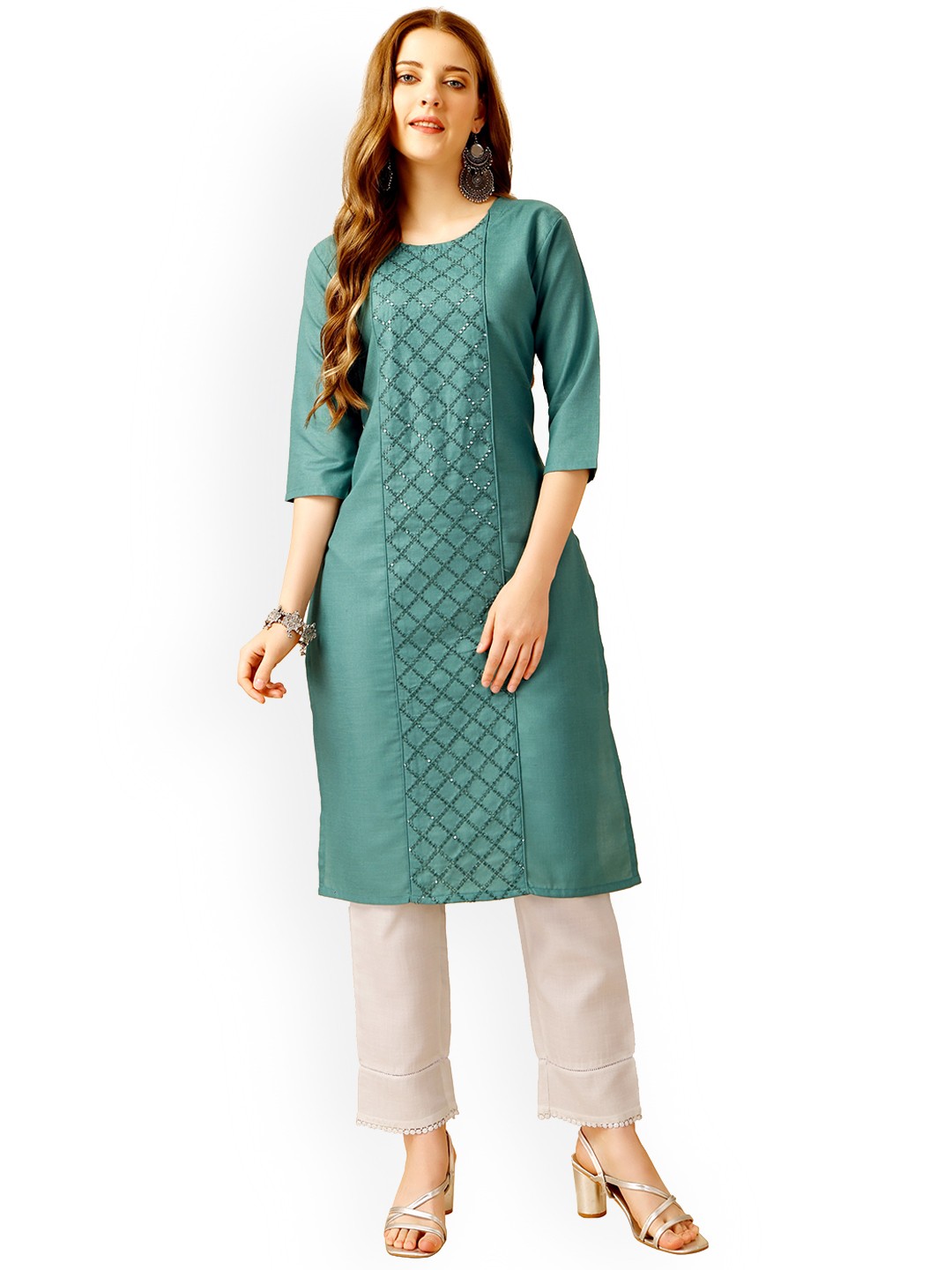 

WILNERCROWN Embroidered Regular Sequinned Pure Cotton Kurta with Trousers, Teal