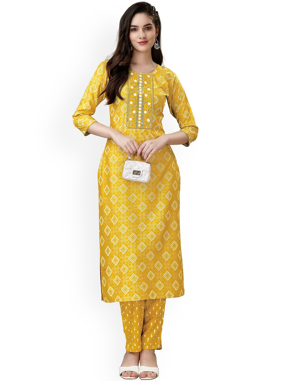 

WILNERCROWN Bandhani Printed Regular Thread Work Kurta with Trousers, Yellow