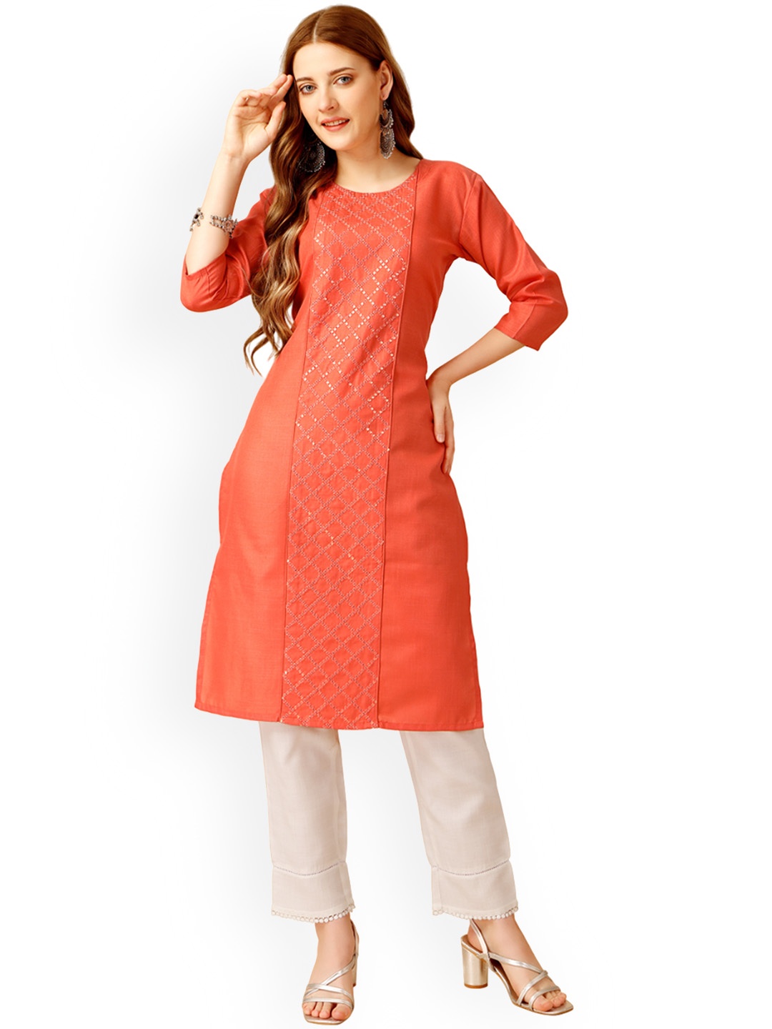 

WILNERCROWN Embroidered Regular Sequinned Pure Cotton Kurta with Trousers, Orange