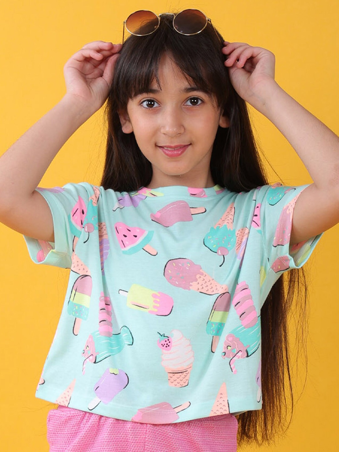 

Anthrilo Girls Conversational Printed Drop Shoulder Sleeves Pure Cotton T-shirt, Sea green