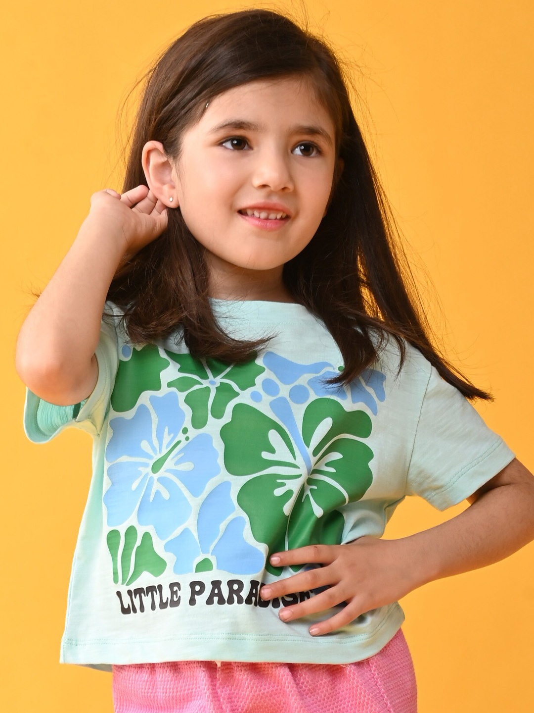 Anthrilo Girls Floral Printed Drop Shoulder Pure Cotton T-shirt, Sea green