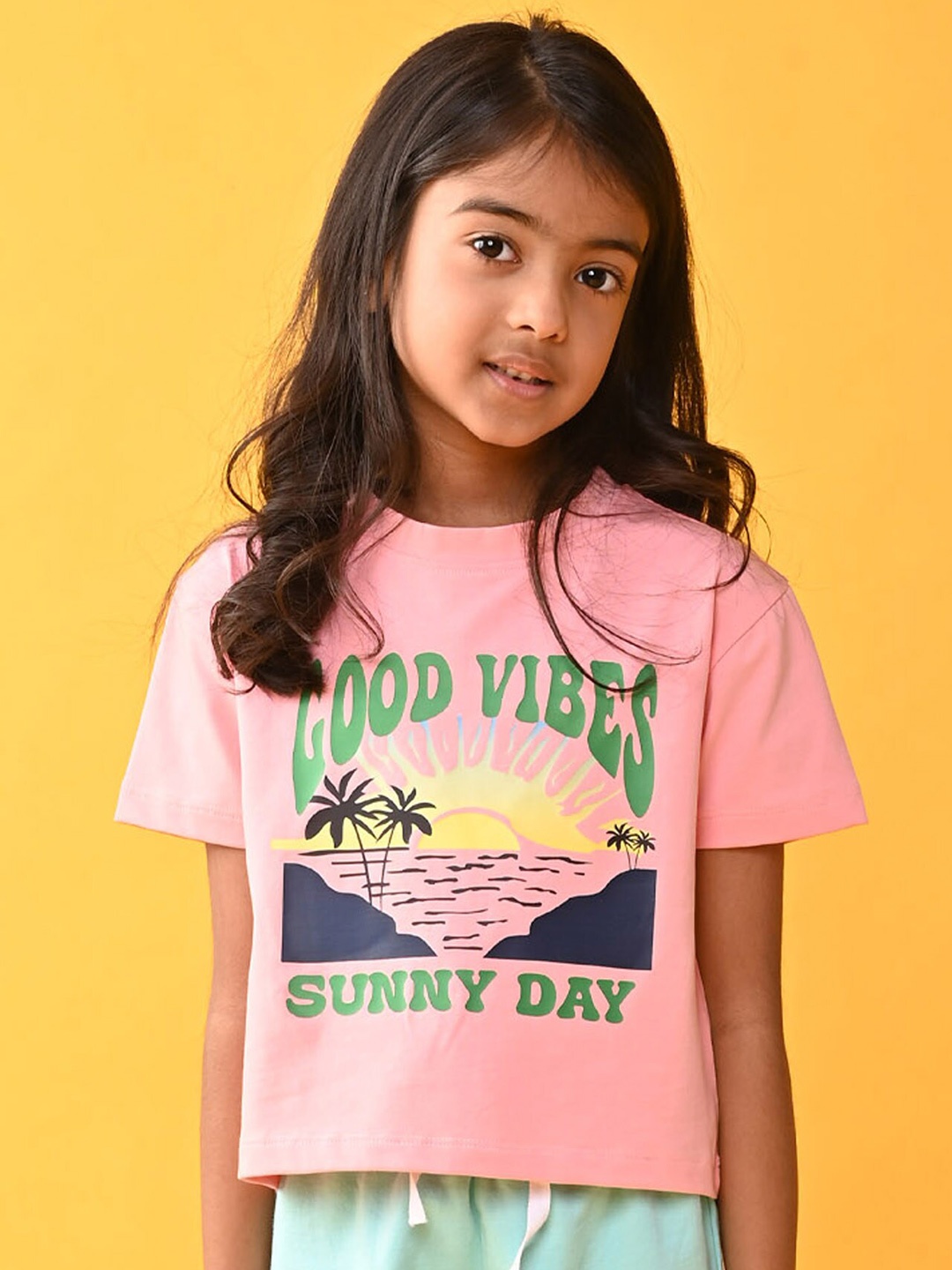 

Anthrilo Girls SS24 Graphic Printed Round Neck Short Sleeves Pure Cotton T-shirt, Peach