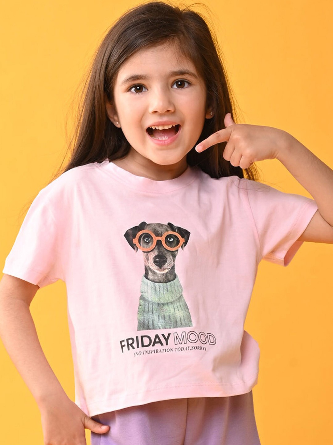 

Anthrilo Girls Graphic Printed Drop Shoulder Sleeves Pure Cotton T-shirt, Pink