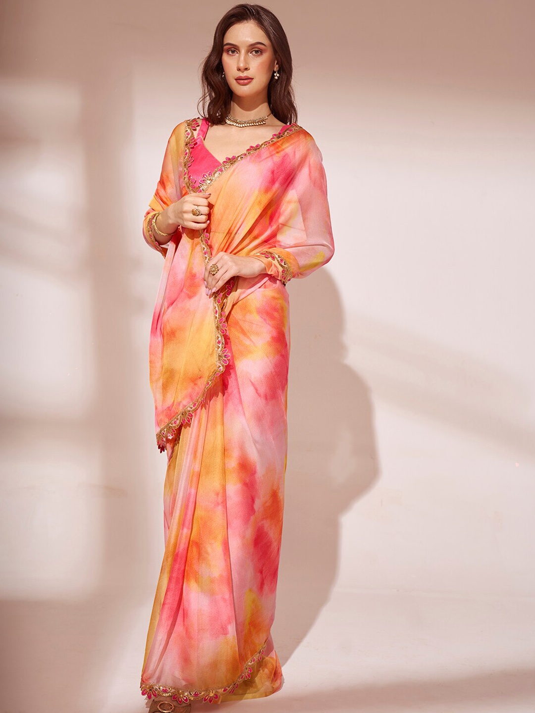 Mitera Tie and Dye Printed Beads and Stones Organza Saree, Pink