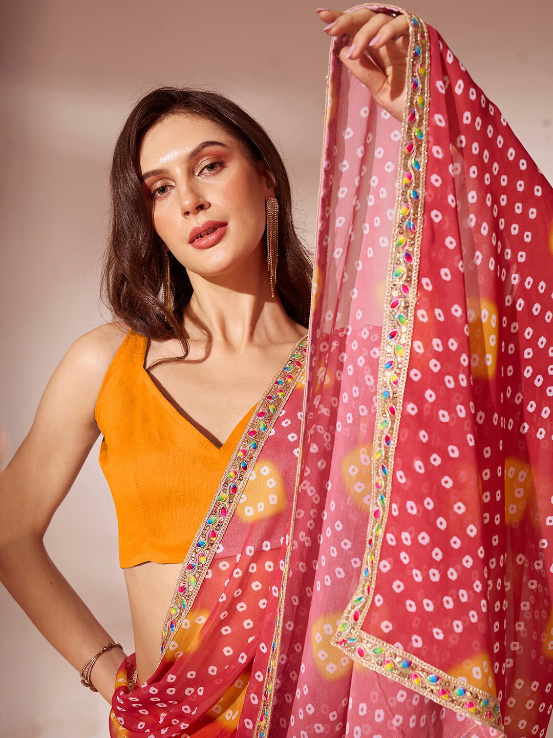 

Mitera Bandhani Printed Embellished Pure Georgette Saree, Orange