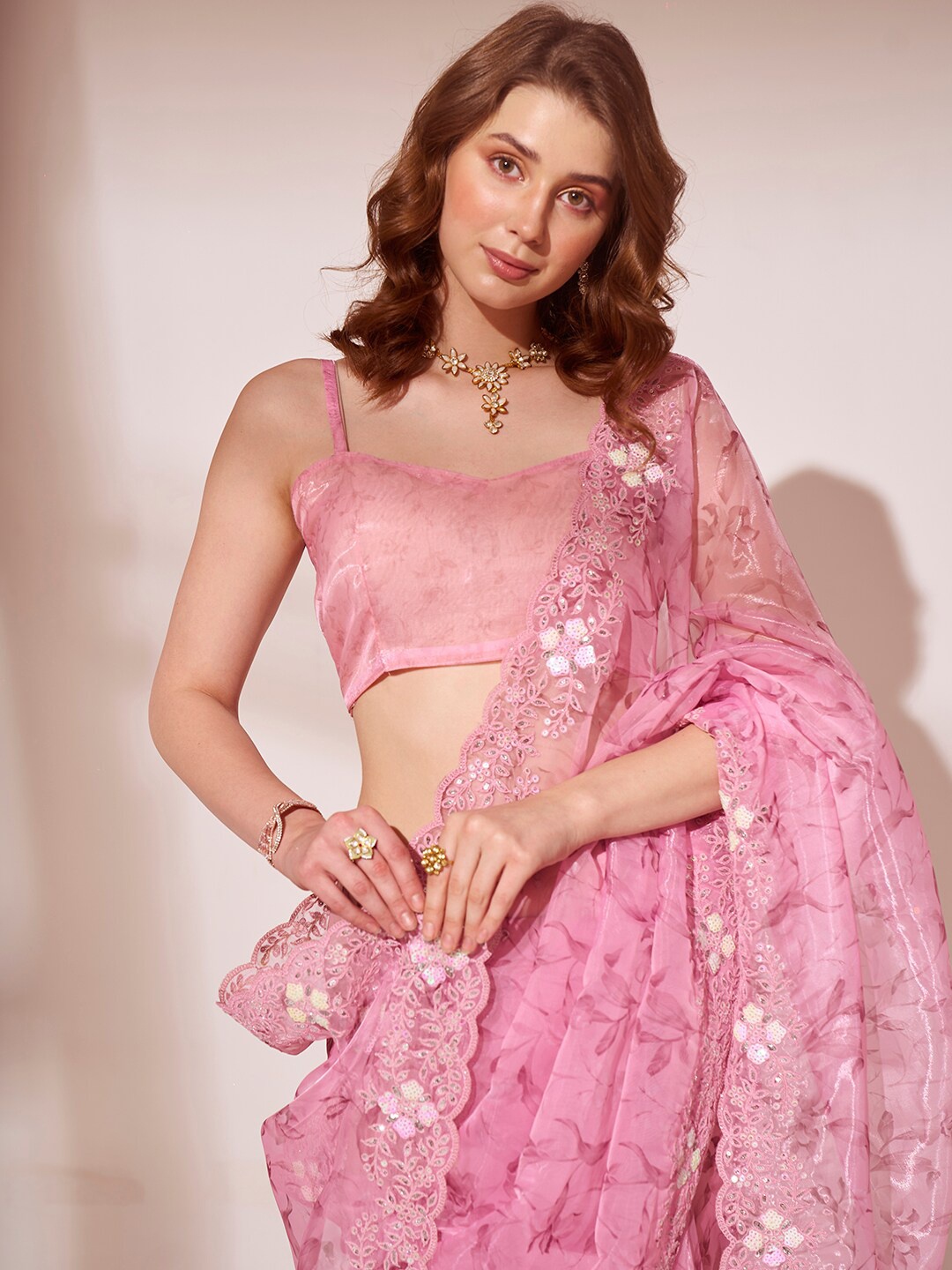 

Mitera Embellished Sequinned Organza Saree, Pink