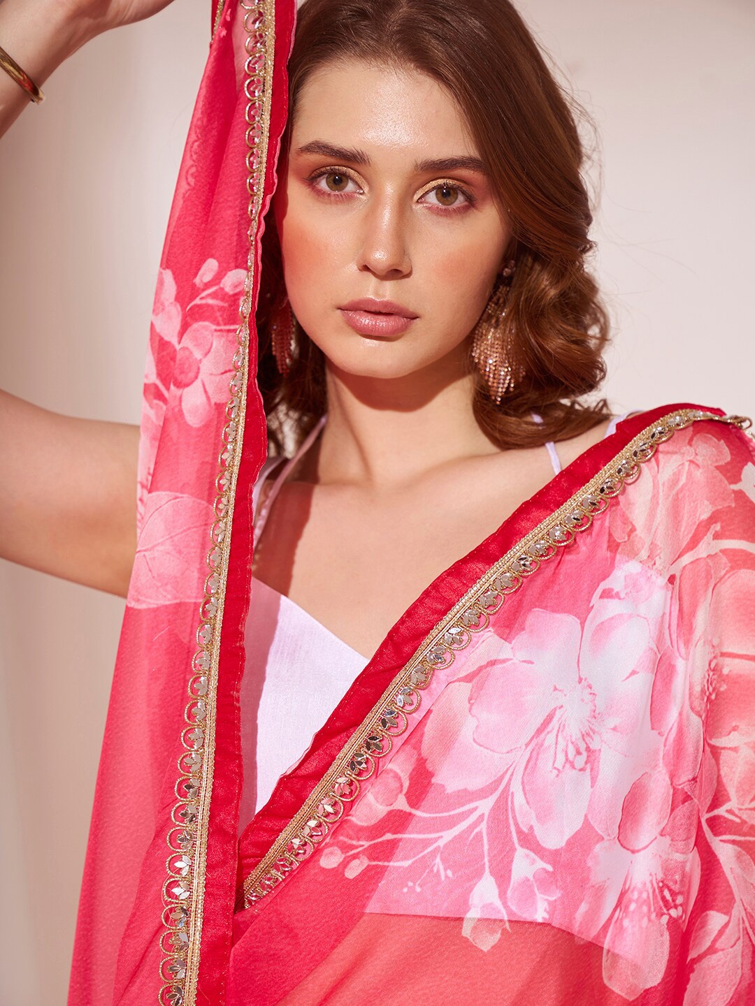 

Mitera Floral Printed Organza Saree, Pink