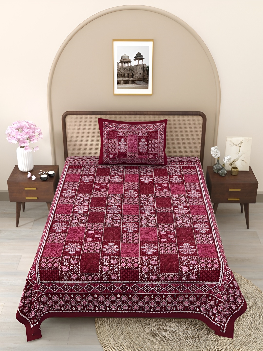 

Urban Jaipur Maroon Geometric Cotton 186 TC Single Bedsheet with 1 Pillow Covers