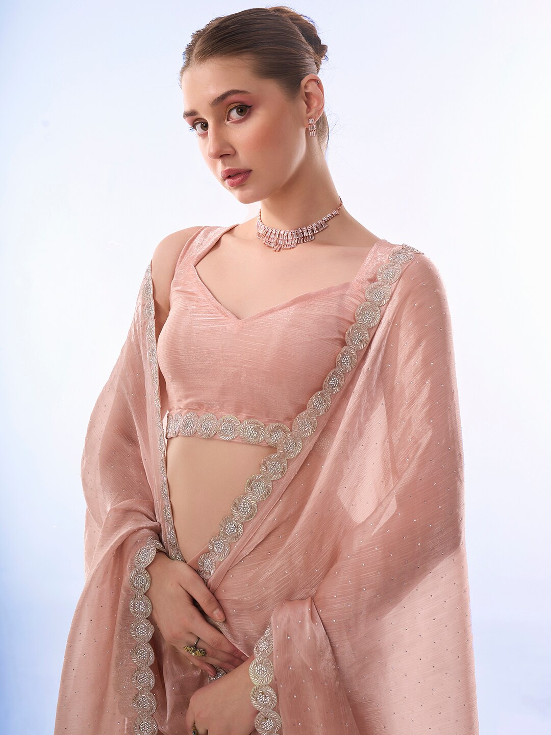 

Mitera Embellished Beads and Stones Organza Saree, Peach