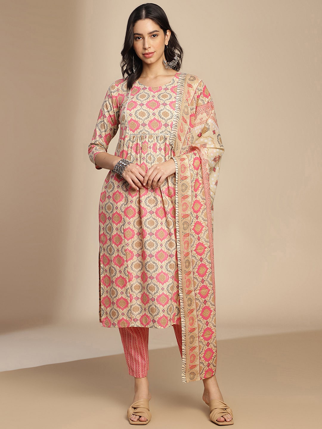 

KALINI Ethnic Motifs Printed Pleated Kurta with Trousers & Dupatta, Beige