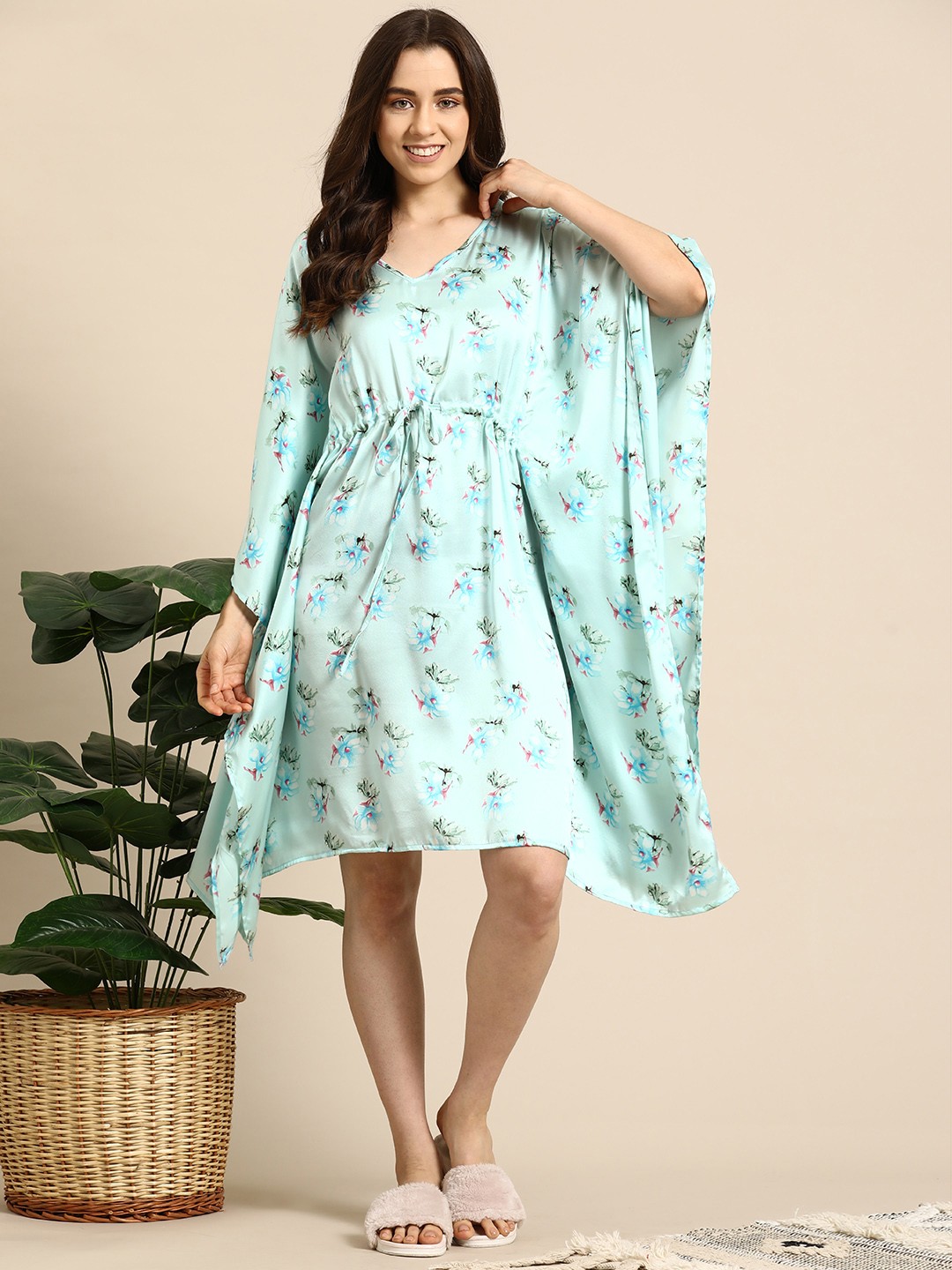 

Mast & Harbour Floral Printed V-Neck Satin Kaftan Nightdress, Blue