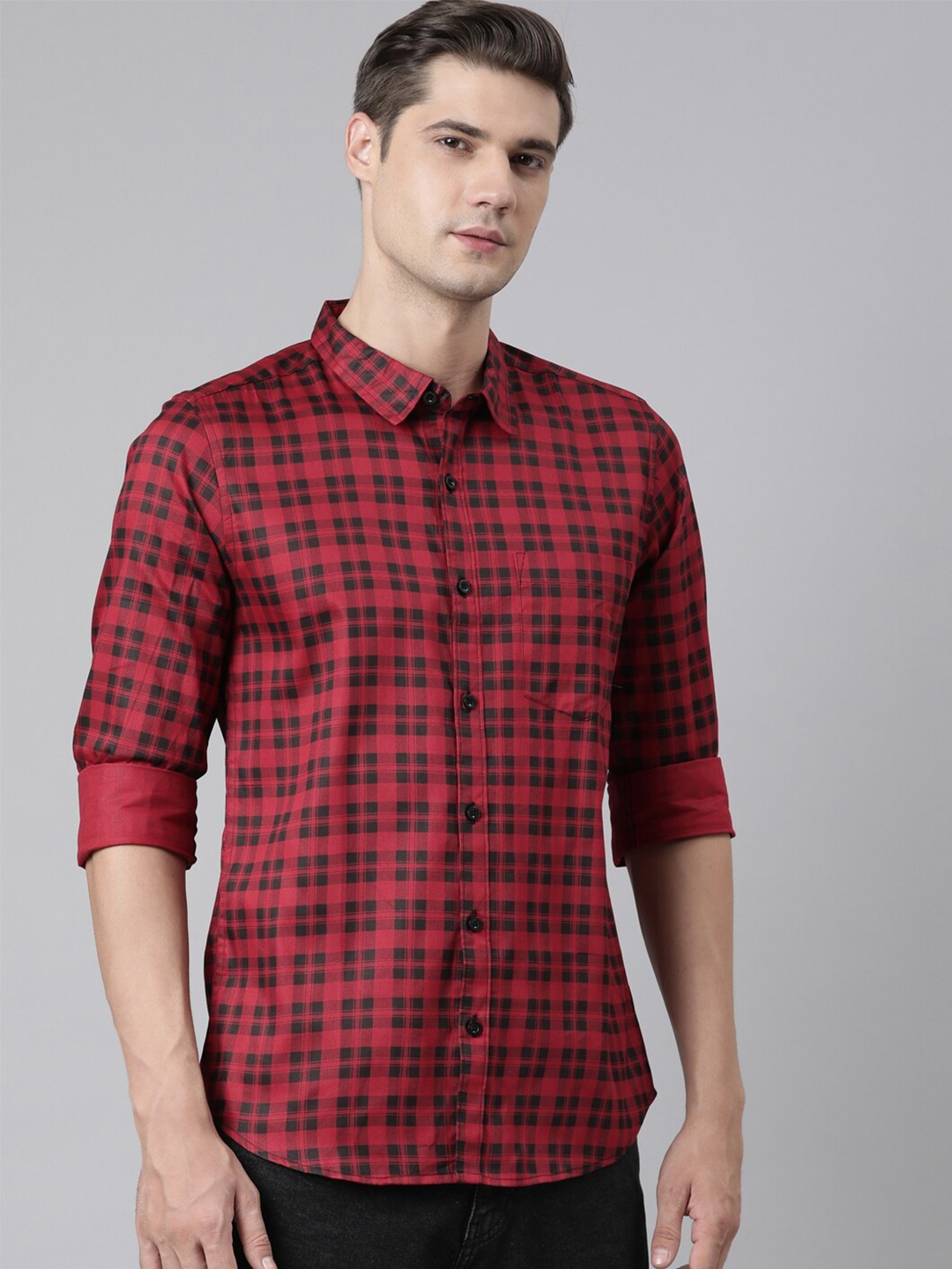 

Broon Tartan Checked Spread Collar Pure Cotton Casual Shirt, Red