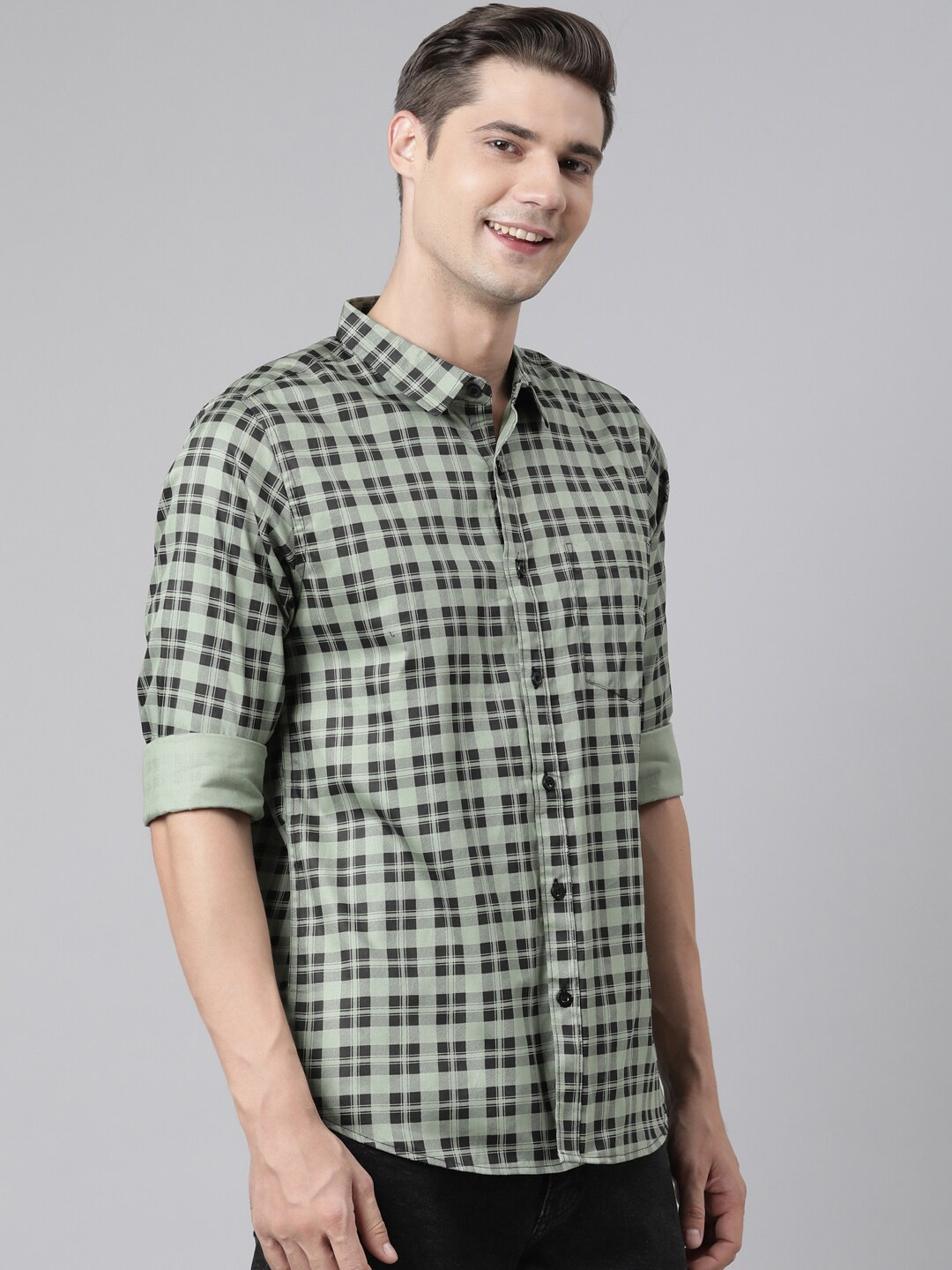 

Broon Tartan Checked Spread Collar Pure Cotton Casual Shirt, Green